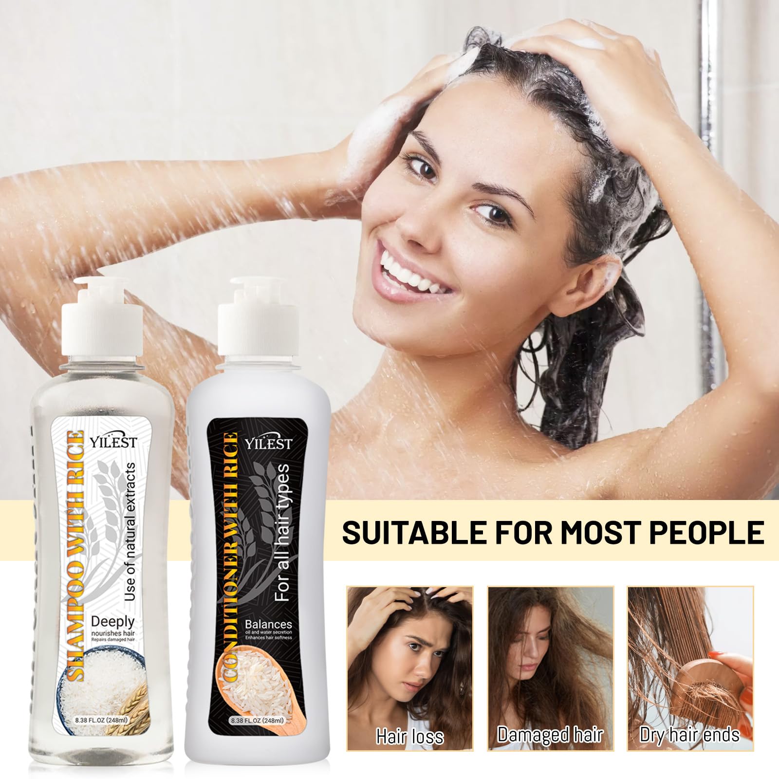 Premium Rice Hair Growth Shampoo & Conditioner Set with Treatment Serum - Anti Hair Loss & Thickening Formula for Men & Women - Stimulates Hair Regrowth & Prevents Thinning - Ideal for Daily Hair Care & Scalp Nourishment