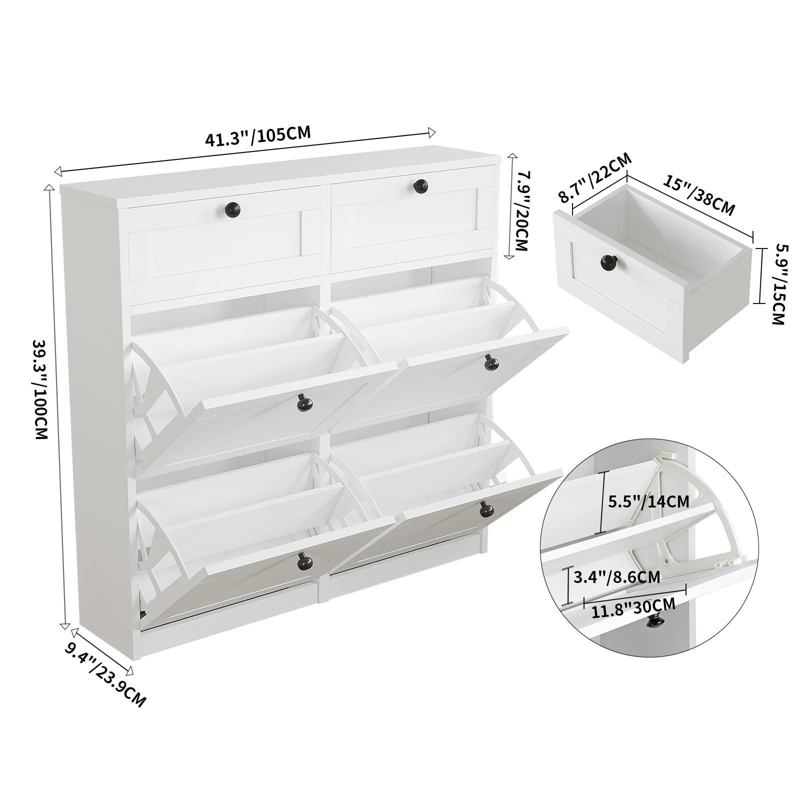 VOWNER 4 Flip Drawers & 2 Drawers Shoe Storage Cabinet - Adjustable Shelves Freestanding Shoe Organizer for Entryway, Hallway, Living Room - Perfect for Small Spaces & Apartment Organization (White)