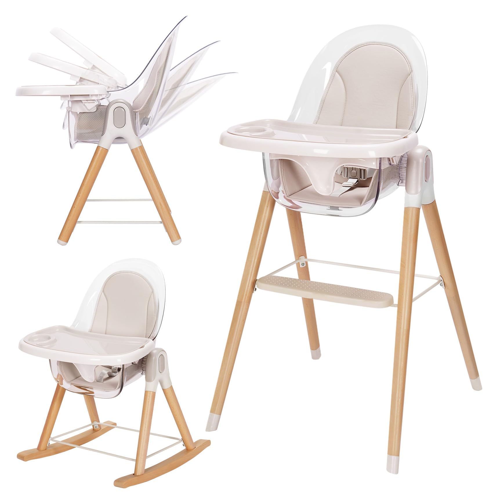 7-in-1 Convertible Wooden High Chair for Babies & Toddlers - Adjustable Rocking Chair with Reclining Seat, Removable Cushion & Double Tray | Easy to Clean Compact Design | Perfect for Feeding, Playtime & Family Bonding