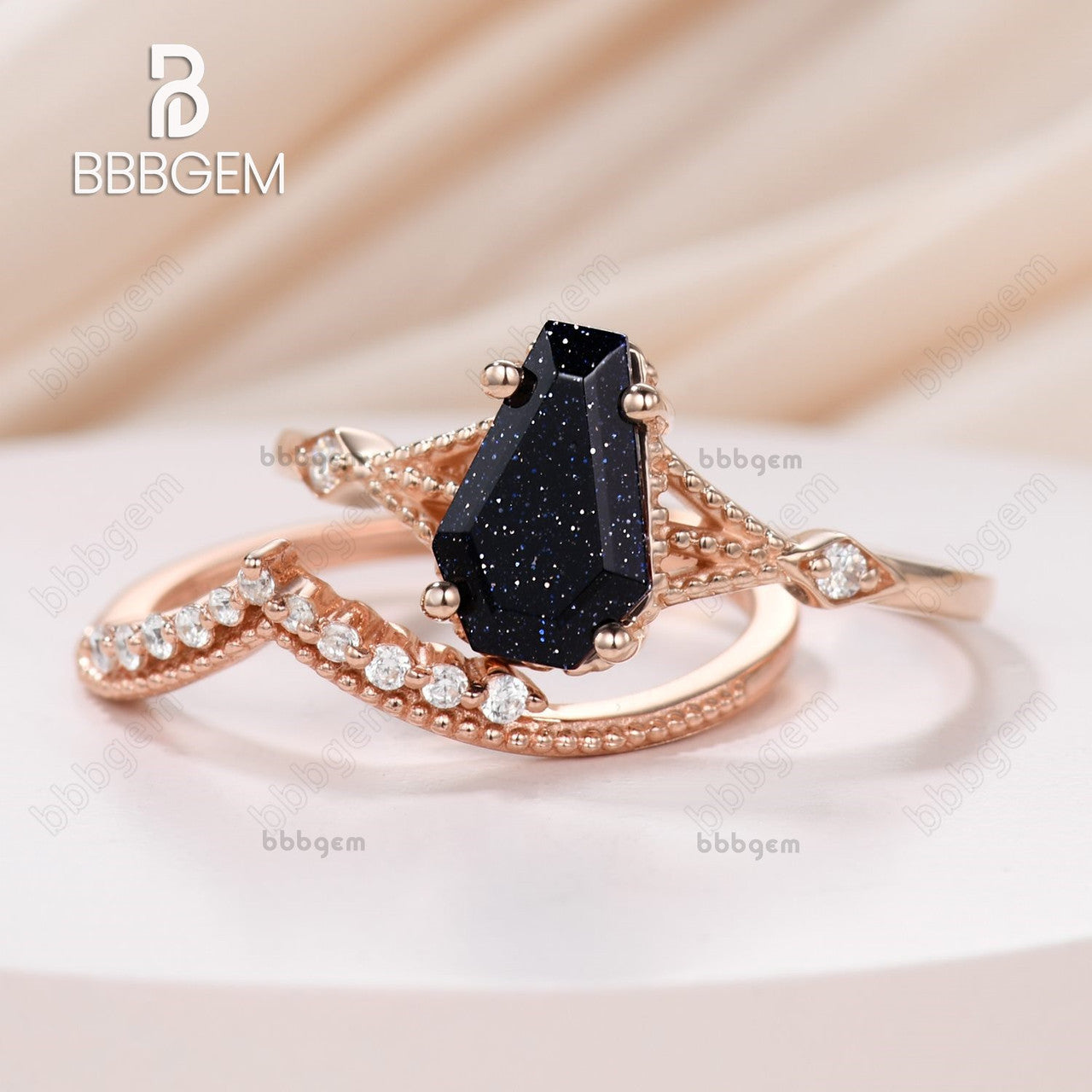 Blue Sandstone Coffin Cut Bridal Ring Set with Moissanite & Milgrain Detailing - 14K Gold Wedding Band for Engagement, Anniversary & Gothic Jewelry Lovers