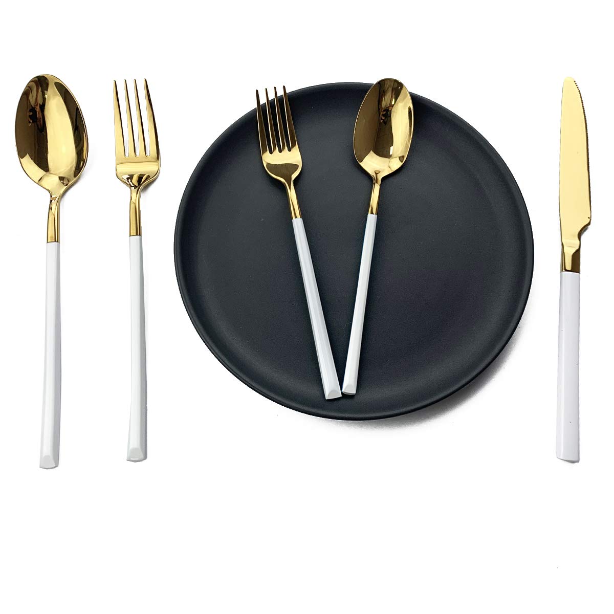 JASHII 5-Piece Modern Silverware Set - 18/10 Stainless Steel Elegant Flatware with Square Edge - Mirror Polished & Dishwasher Safe (White Gold) - Perfect for Fine Dining, Wedding Gifts & Upscale Kitchen Utensils