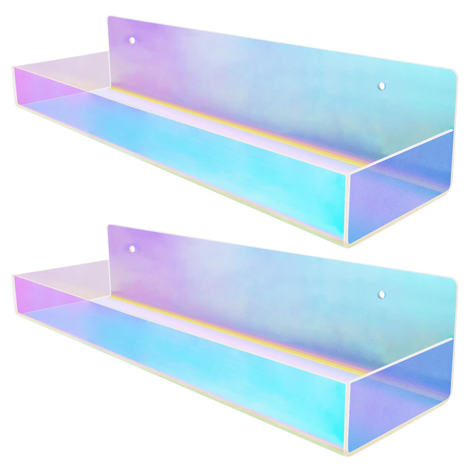 TLBTEK 2-Pack 15 Inch Iridescent Rainbow Floating Shelves - Colorful Acrylic Wall Mounted Storage Shelves for Bathroom, Bedroom, Living Room & Kitchen (Edge-Free Design) - Perfect for Displaying Decor, Books & Essentials in Modern Homes