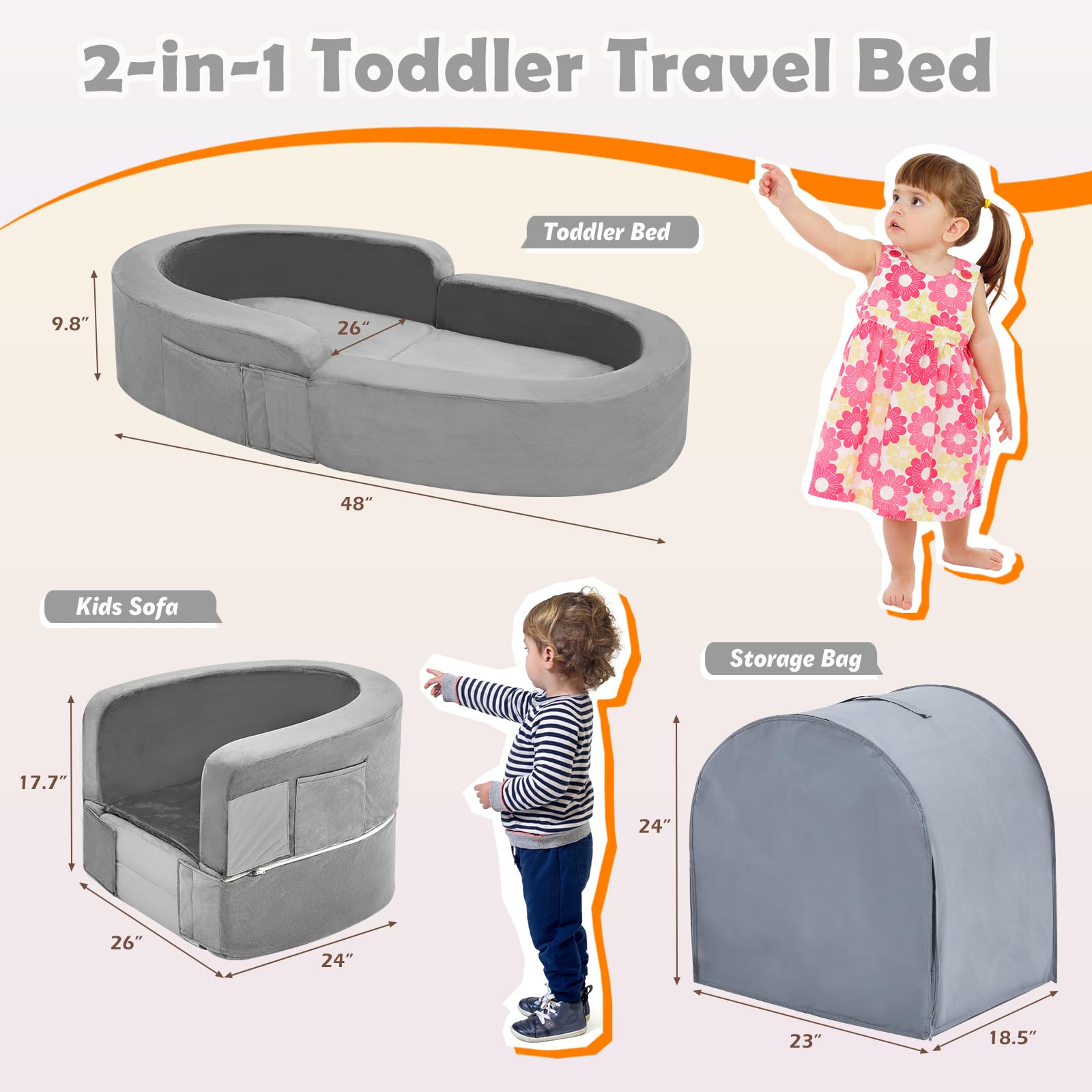 Portable Toddler Travel Bed - Foldable 2-in-1 Kids Sofa with Soft Foam & Washable Cover | Convertible Toddler Cot for Indoor & Outdoor Use | Perfect for Camping, Sleepovers, and Travel Adventures