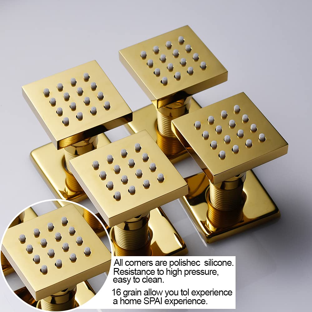 Premium 6-Piece Square Massage Body Jets Shower Set - Polished Gold Solid Brass Wall-Mounted Spray Nozzles for Spa-Like Relaxation | Perfect for Bathroom Renovation & Luxury Shower Experience
