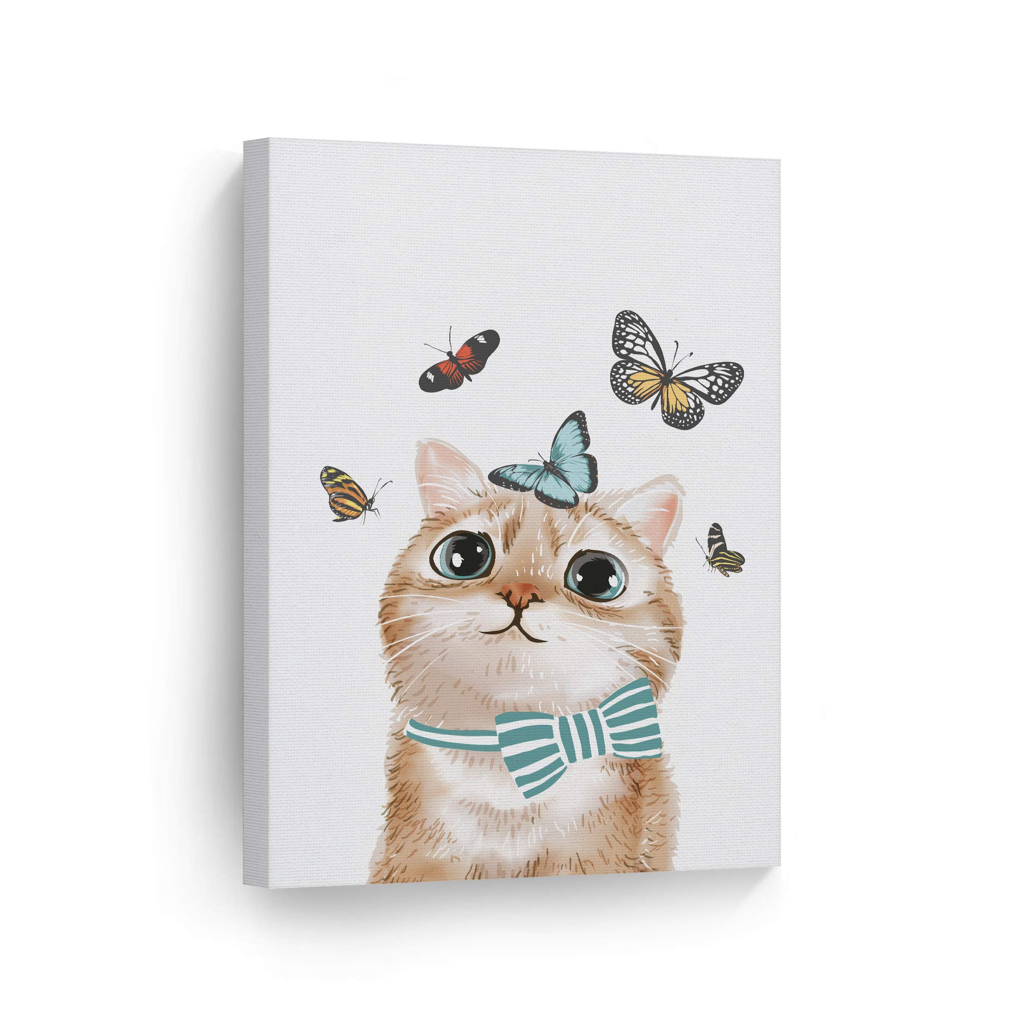 Cute Blue-Eyed Cat Watching Butterflies Canvas Print - Woodland Animal Wall Art for Pet Lovers, Cat Owners & Parents - Perfect for Bedroom, Nursery, Kids Room Decor - 40x30 Inches Rolled Canvas