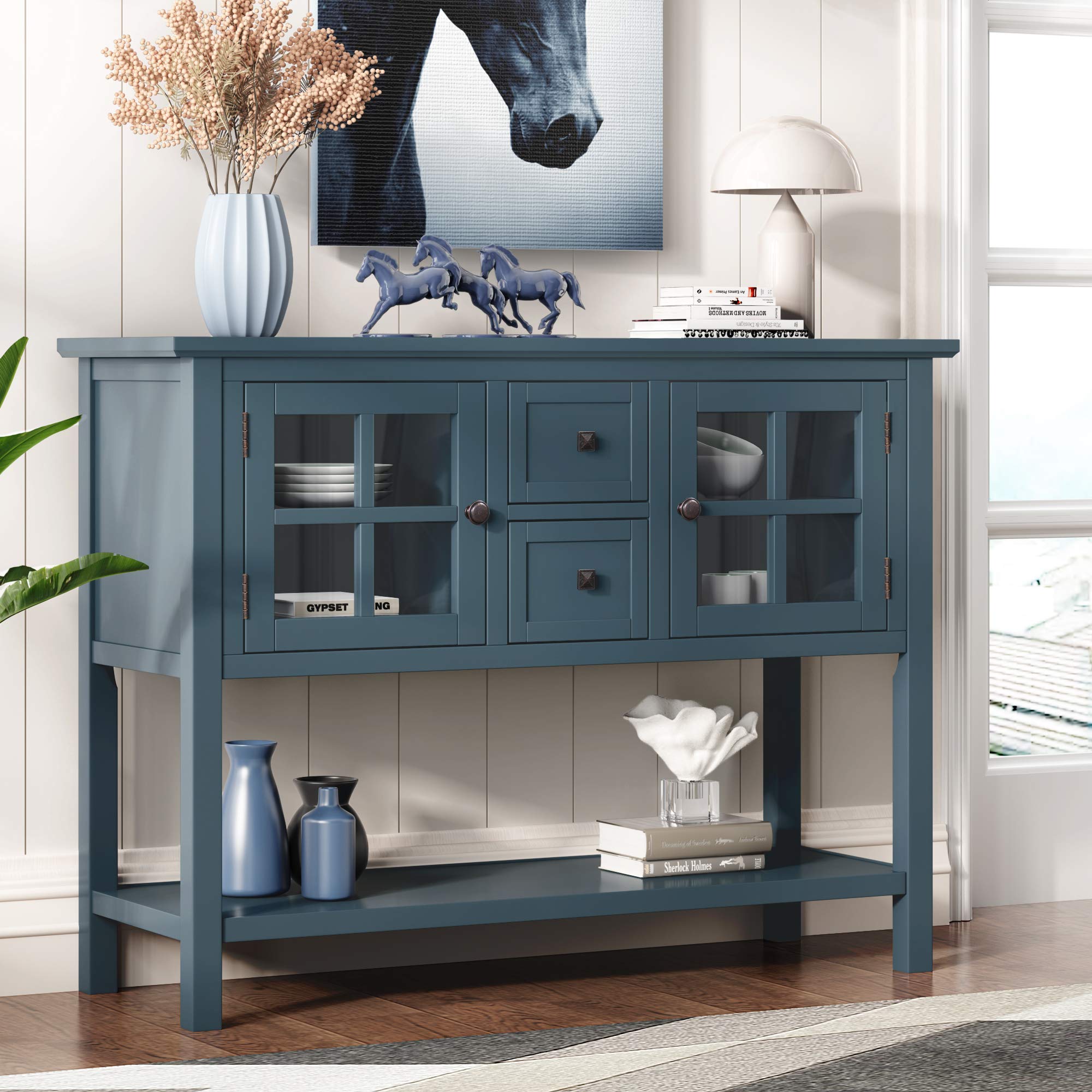 Modern Solid Wood Console Table with 2 Drawers & 2 Cabinets - Entryway Sofa Table with Storage Shelf for Living Room, Bedroom, Hallway - Easy Assembly Blue Wooden Hall Table for Home Decor & Organization