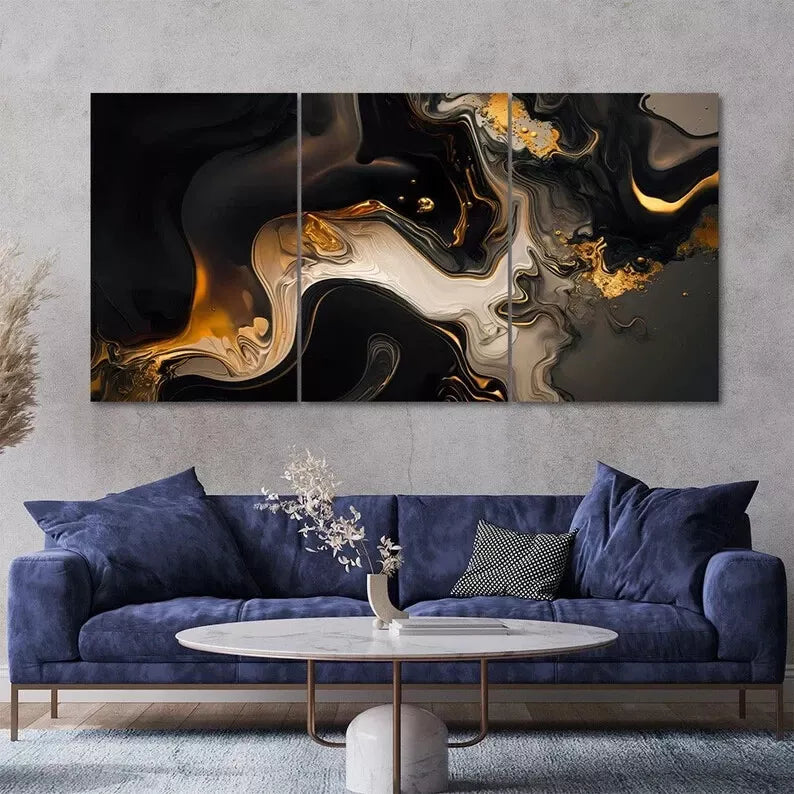 3 Piece Black Gold Marble Luxury Pattern Canvas Wall Art Set - 40x60cm Framed High Quality Print | 100% Australian Made | Ready to Hang | Perfect for Living Room, Bedroom & Office Decor