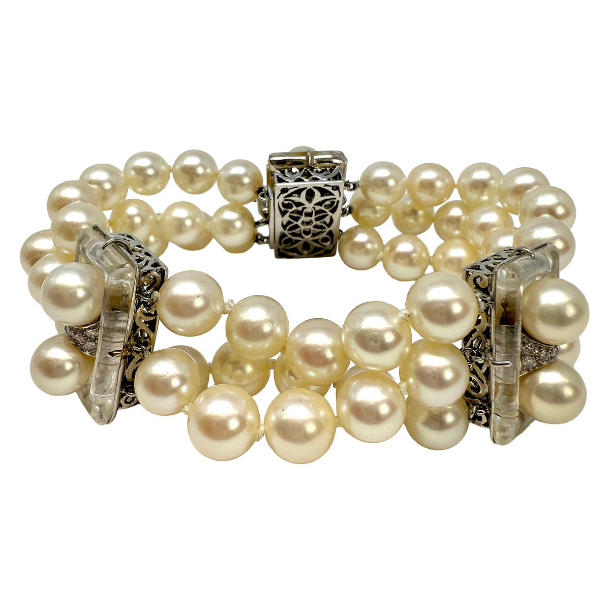 3 Strand Pearl Bracelet with Diamonds - Elegant Pearl Jewelry for Women, Wedding, Anniversary & Special Occasion Gifts