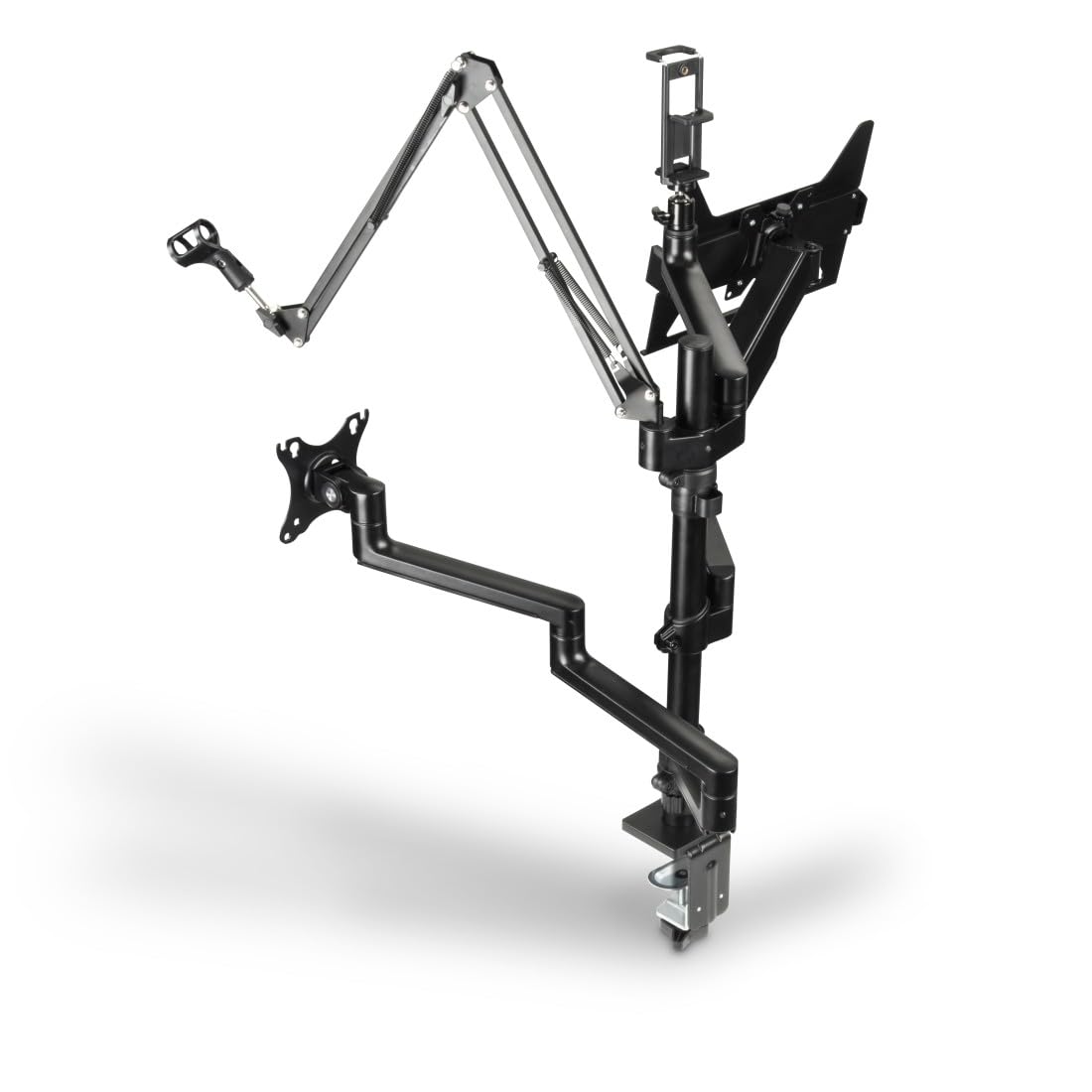 Hama Dual Monitor Mount Stand - 4 Arm Adjustable Swivel Tilt Desk Mount with Microphone Boom & Tripod Base for Streaming Setup, PC Monitors, Camera, Ring Light, Phone (Black) - Perfect for Home Office, Gaming & Live Streaming