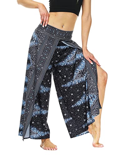 GLUDEAR Women's Boho Printed Palazzo Side Split Wide Leg Yoga Pants - Comfortable Stretchy Workout Lounge Pants for Yoga, Gym, Running & Casual Wear