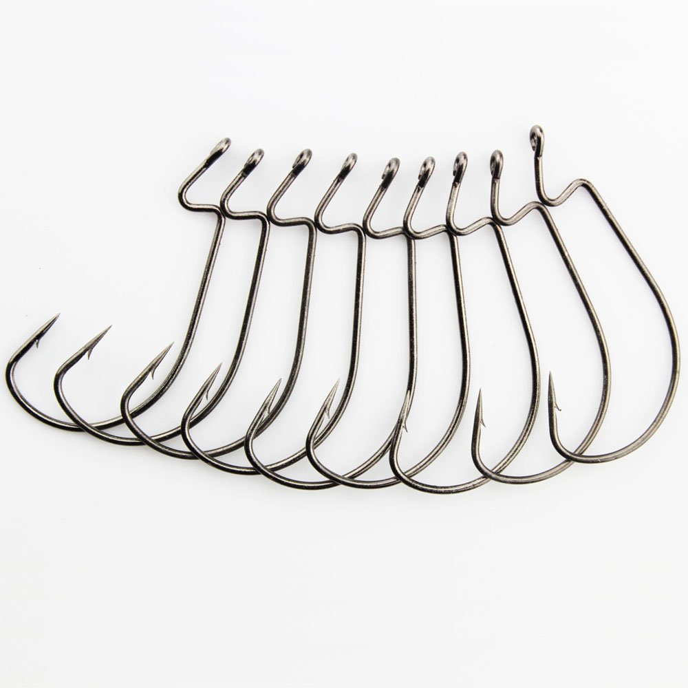 50pcs 1/0-5/0 Wide Gap Offset Worm Jig Hooks Set - Sharp Strong Fishing Hooks for Bass, Trout, Walleye - Perfect for Freshwater & Saltwater Fishing, Kayak Fishing, and Tournament Angling
