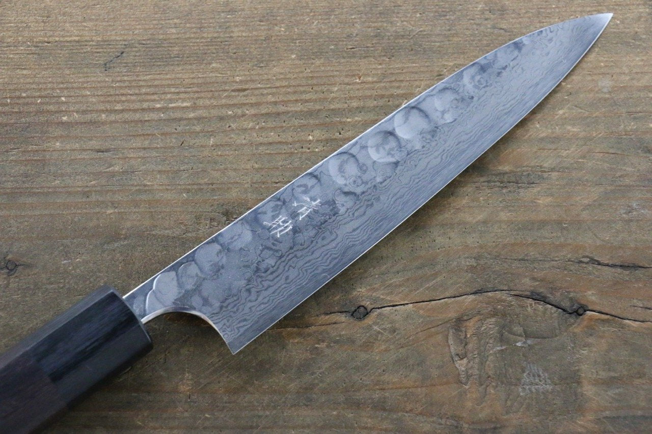 Premium Seisuke Blue Steel No.2 Hammered Damascus Petty Utility Knife 150mm with Shitan Handle - Perfect for Slicing, Peeling & Precision Kitchen Tasks