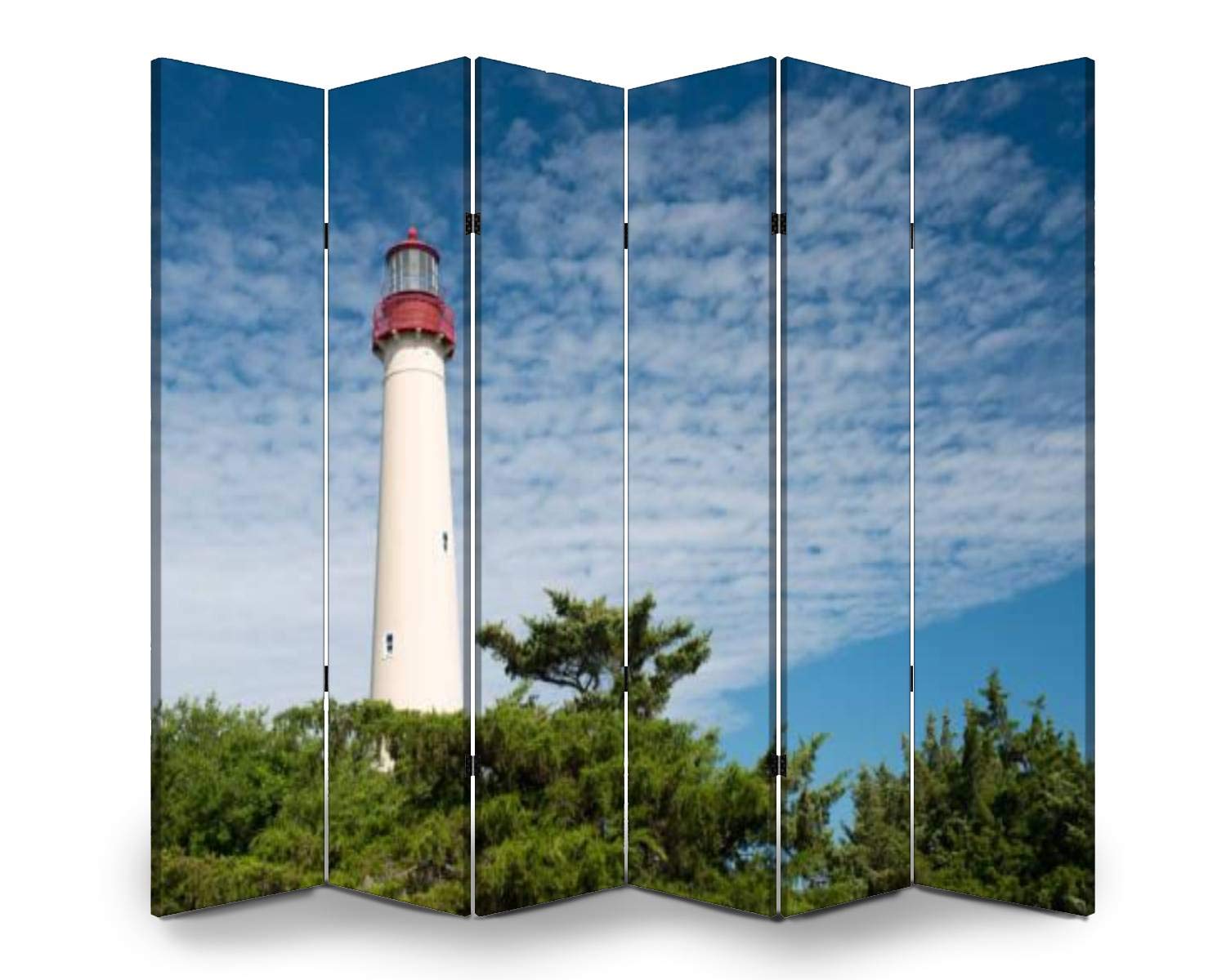 6-Panel Folding Room Divider Screen - Freestanding Privacy Partition for Indoor/Outdoor Use - Cape May Lighthouse Design - Perfect for Home Office, Nursery Separation, and Event Spaces