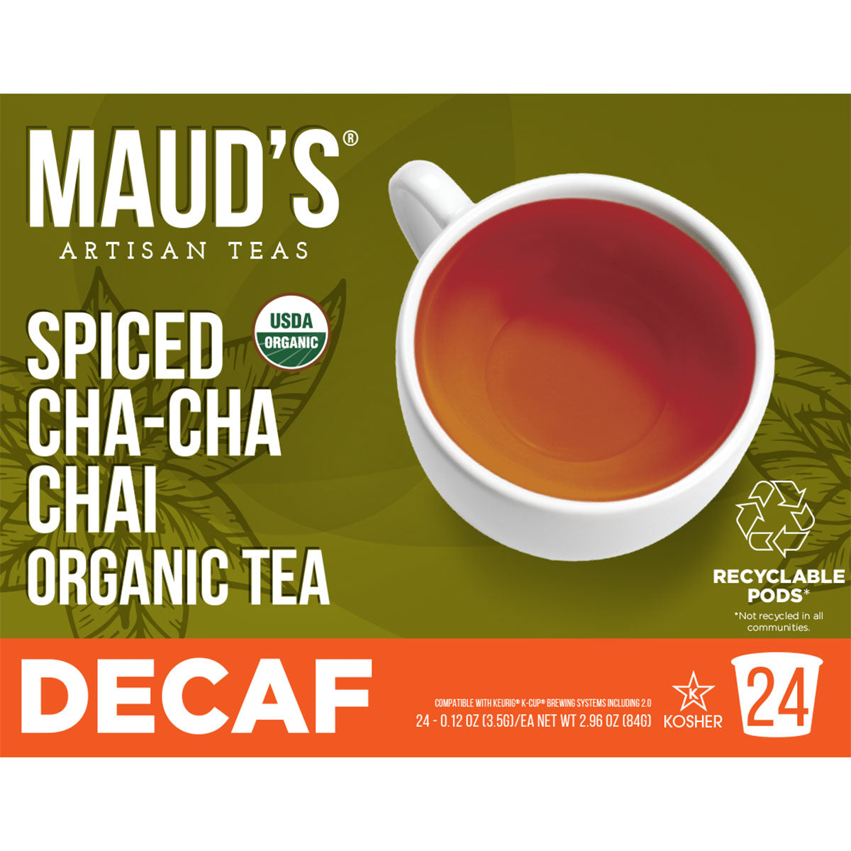 Organic Decaf Chai Tea Pods by Maud's - 100% Natural, Caffeine-Free Herbal Tea for Keurig Machines - Perfect for Relaxing Evenings & Stress Relief
