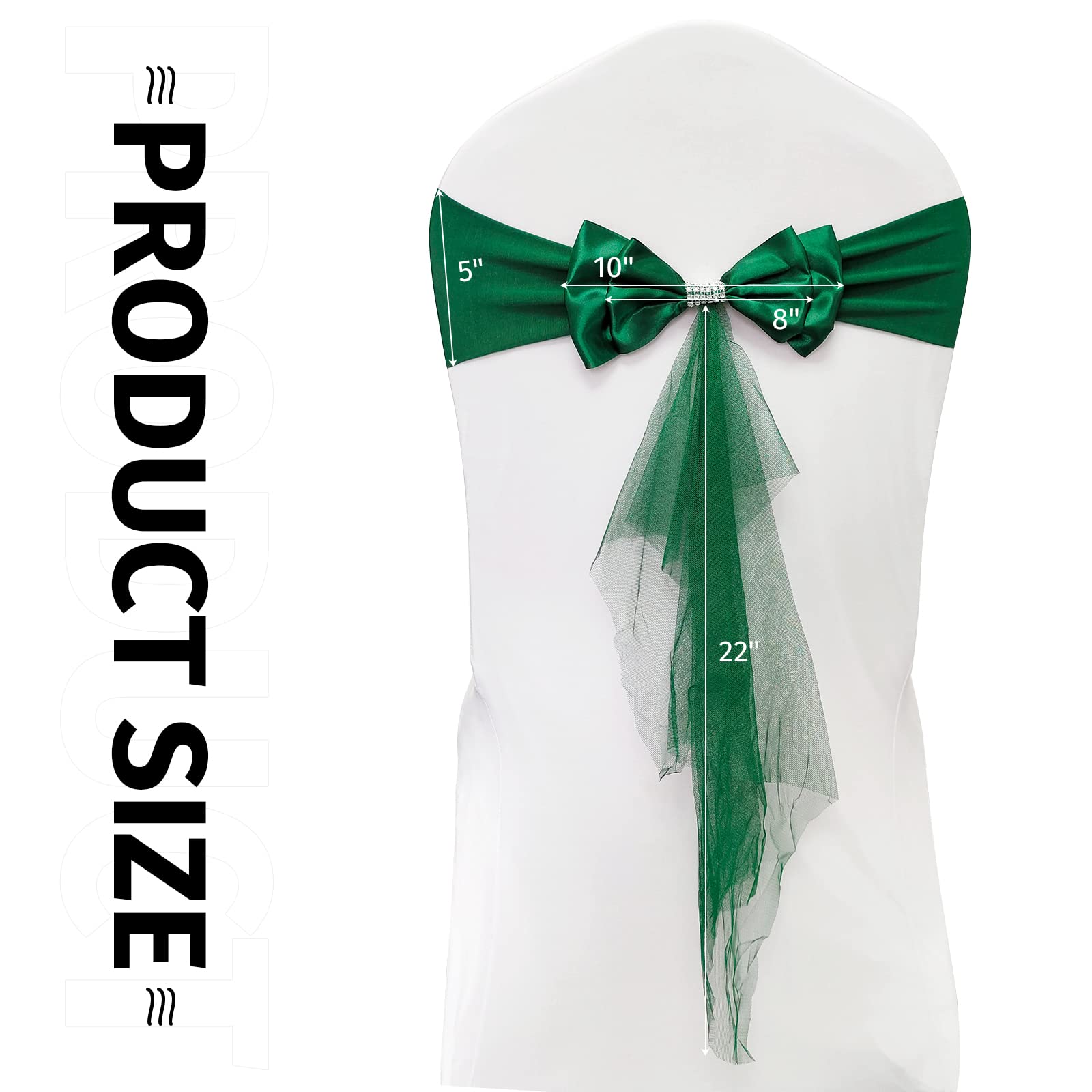 Elegant Dark Green Organza Chair Sash Bows for Wedding & Party Decor - Pack of 60 Floating Tied Chair Covers with Booknot - Perfect for Banquet, Reception, and Bridal Shower Decorations