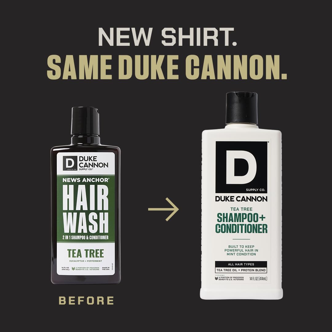 Duke Cannon Supply Co. 2-in-1 Hair Wash & Conditioner for Men - Tea Tree Oil Shampoo with Masculine Scent - Gentle Cleansing & Strengthening Formula (14 oz) - Perfect for Gym, Travel & Daily Hair Care