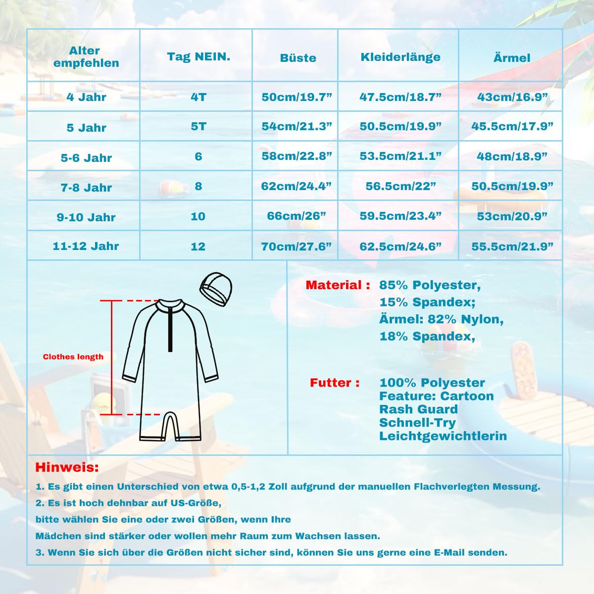 Girls Long Sleeve Rash Guard Swimsuits with Zipper - UV Protection Swimwear for Kids, Beach, Pool & Water Sports