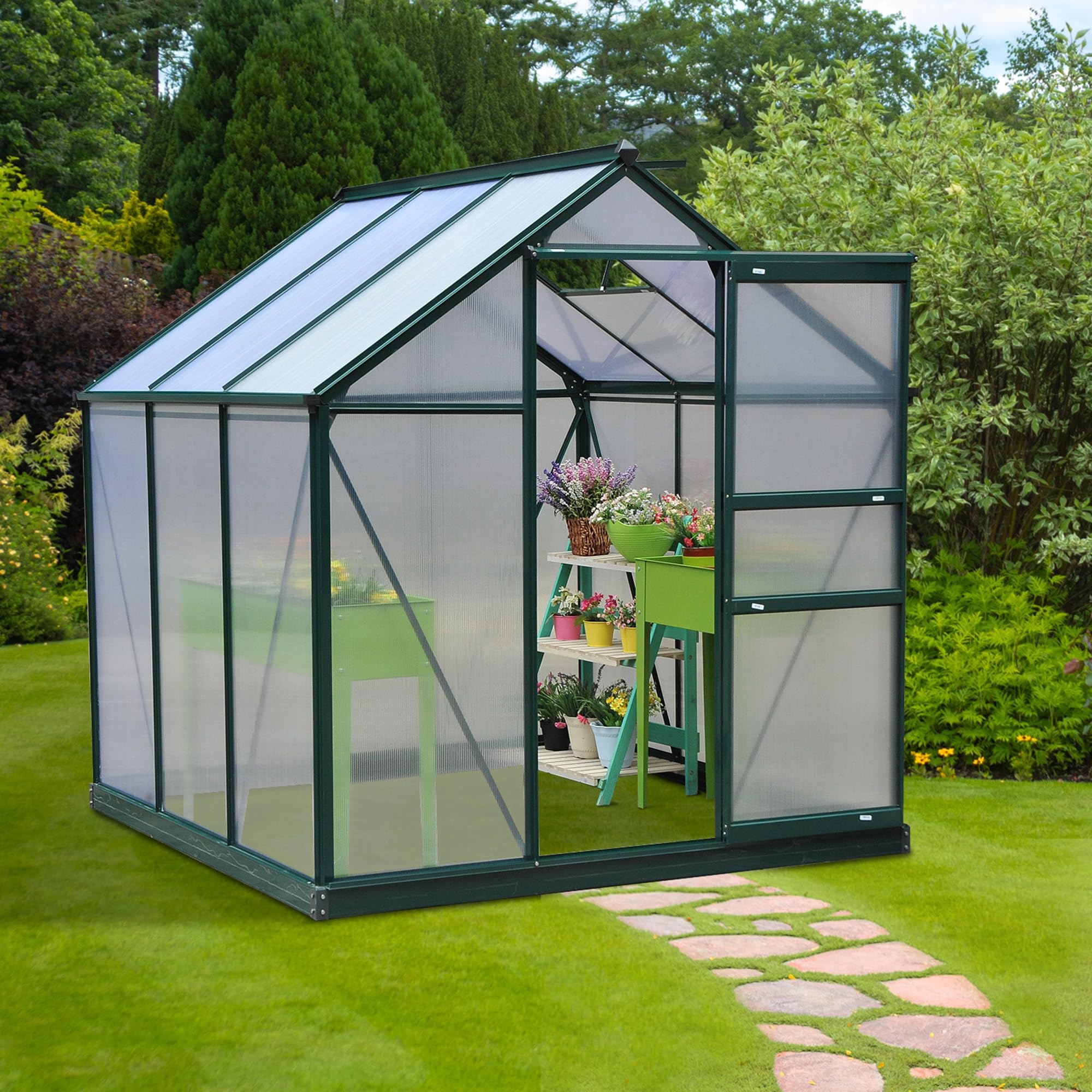 Outsunny 6x6 ft Polycarbonate Walk-in Greenhouse for Outdoor Gardening - Aluminum Frame with Rain Gutter & Roof Vent - Perfect for Backyard, Patio & Plant Protection (Dark Green) | Grow Vegetables, Flowers & Herbs Year-Round