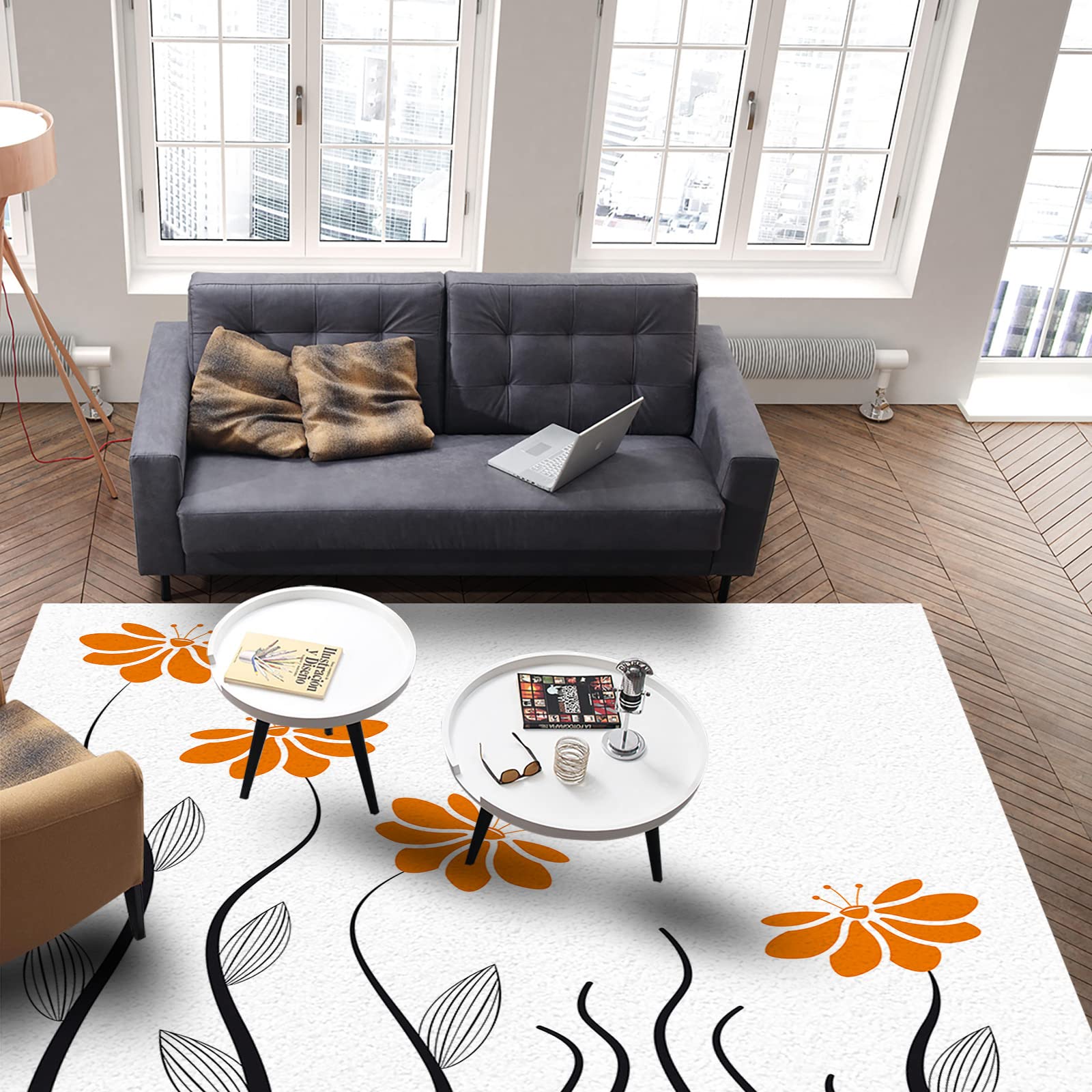 5'x8' Washable Area Runner Rug - Orange Aqua Floral Striped Leaves Modern Geometric Print for Kitchen, Living Room, Bathroom, Bedroom | Non-Slip Bath Mat Perfect for Homes with Pets & Kids