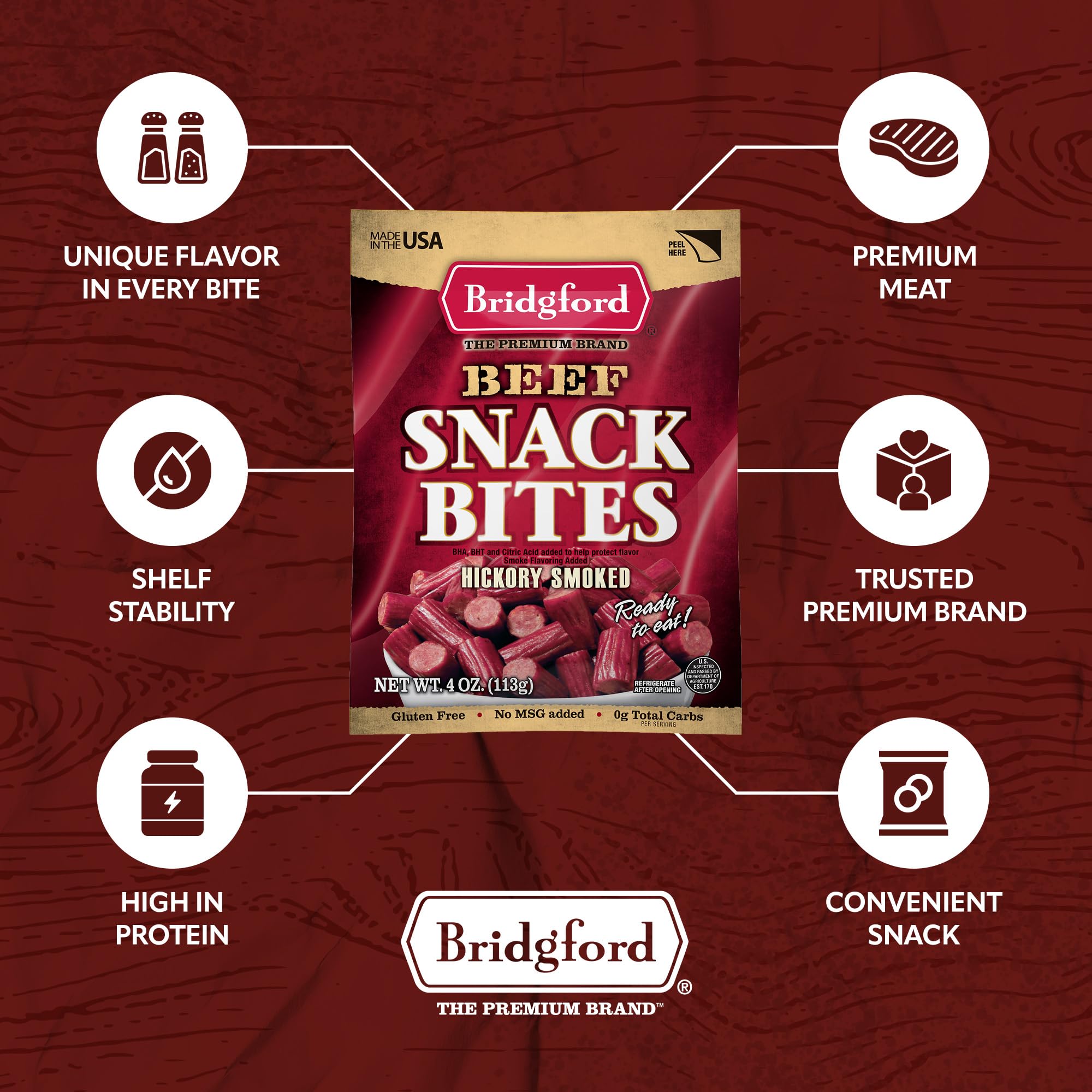 Bridgford Beef Snack Bites 4 oz (Pack of 4) - Gluten Free, Zero Carb, Keto-Friendly Meat Snacks for Adults - High Protein Ready-to-Eat Snacks for Travel, Hiking, Office & On-the-Go Lifestyle