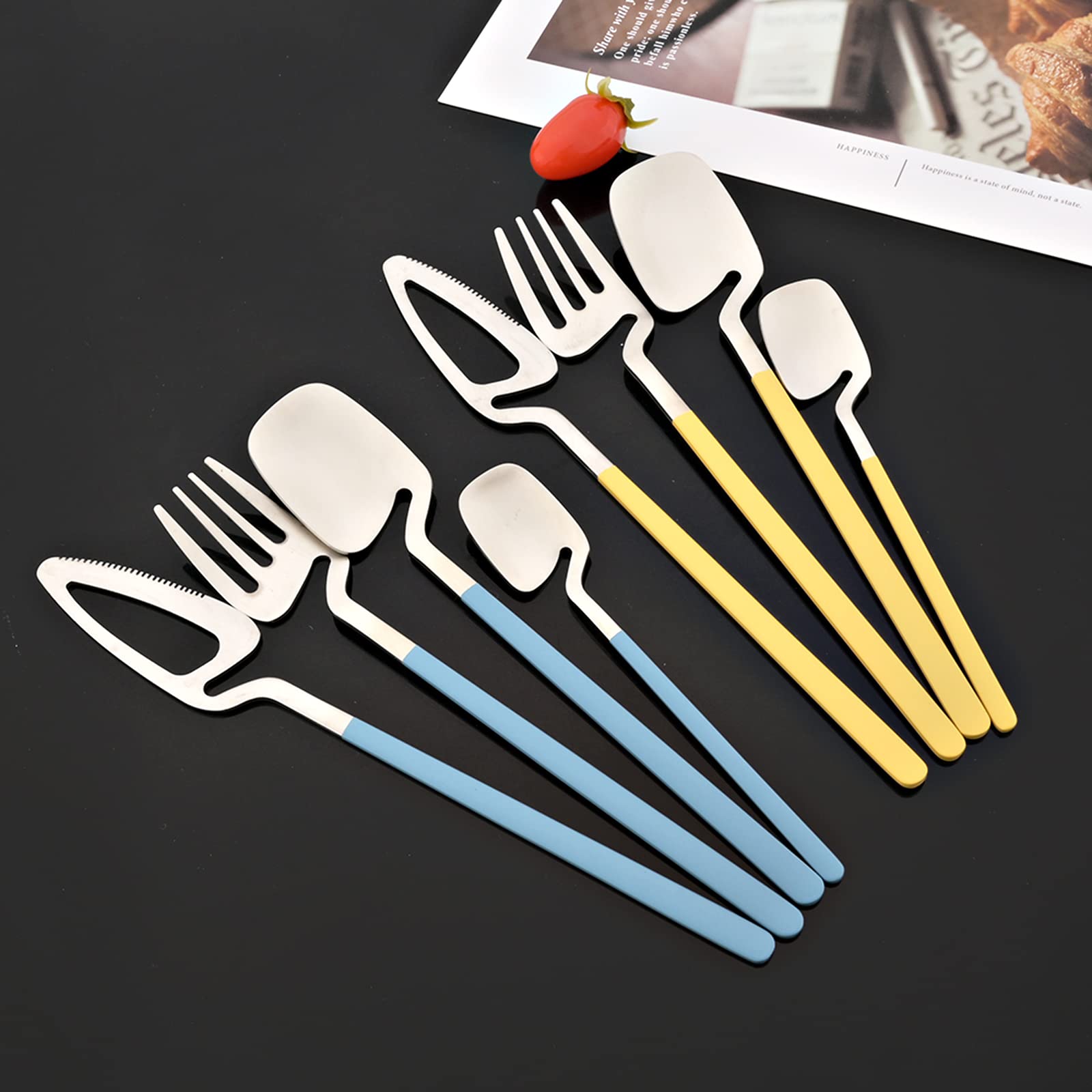 JASHII 8-Piece Stainless Steel Flatware Set - Hangable Silverware in Macaron Colors (Blue/Silver), Dishwasher Safe Cutlery for Home & Restaurant Use | Perfect for Dinner Parties, Daily Meals & Gift Giving