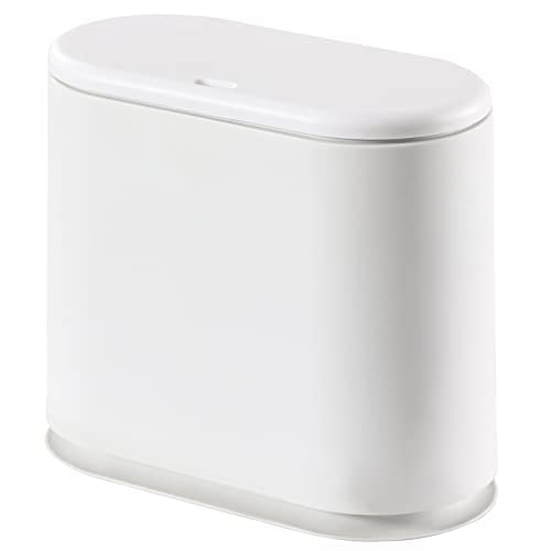 8L Slim Acrylic Bathroom Trash Can with Press-Top Lid - Dog Proof Plastic Waste Bin for Bedroom, Kitchen, Office & Living Room - Perfect for Small Spaces and Pet Owners (White)