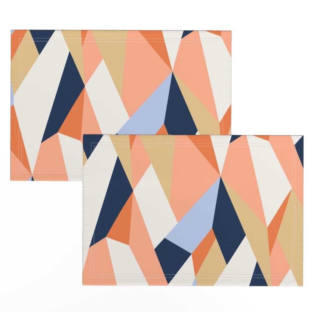 Linen Cotton Canvas Placemats Set of 2 - Modern Geometric Abstract Coral Navy Print Table Mats for Dining Room Decor, Kitchen Table Setting, and Home Entertaining