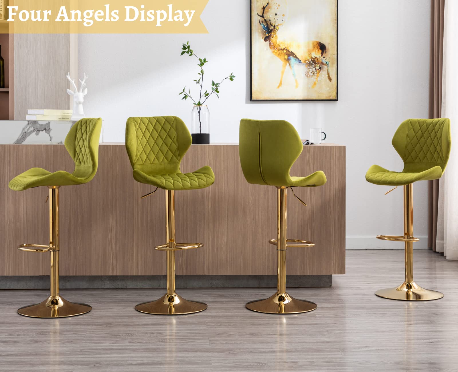 EALSON Velvet Bar Stools Set of 4 - Modern Swivel Counter Height Bar Chairs with Back & Gold Base - Adjustable Kitchen Island Stools for Home Bar, Dining Room, Restaurant & Cafe - Green Velvet Upholstery