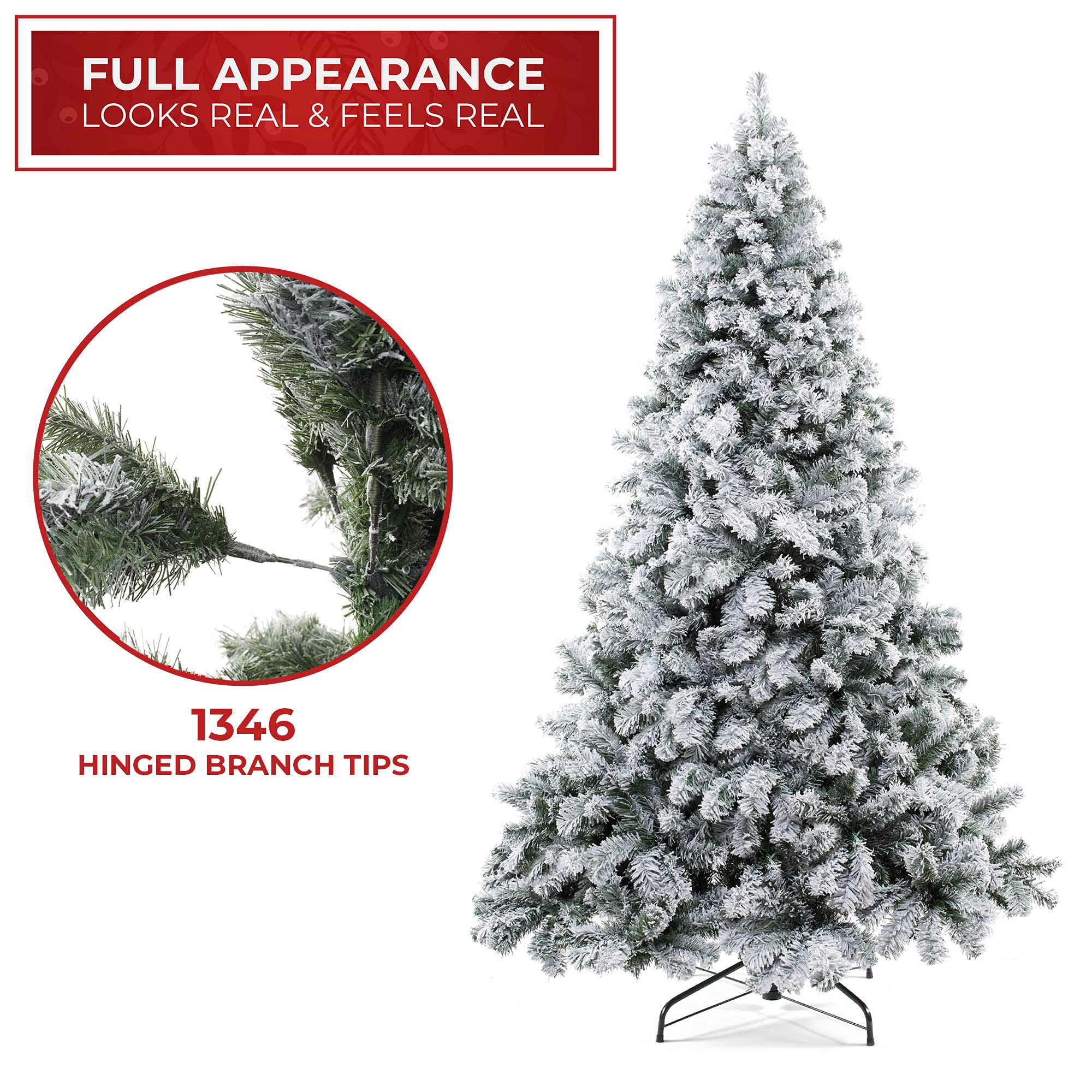 Casafield 7.5FT Realistic Snow-Flocked Pine Artificial Christmas Tree with Sturdy Metal Stand - Perfect for Holiday Home Decor, Office Party & Festive Celebrations