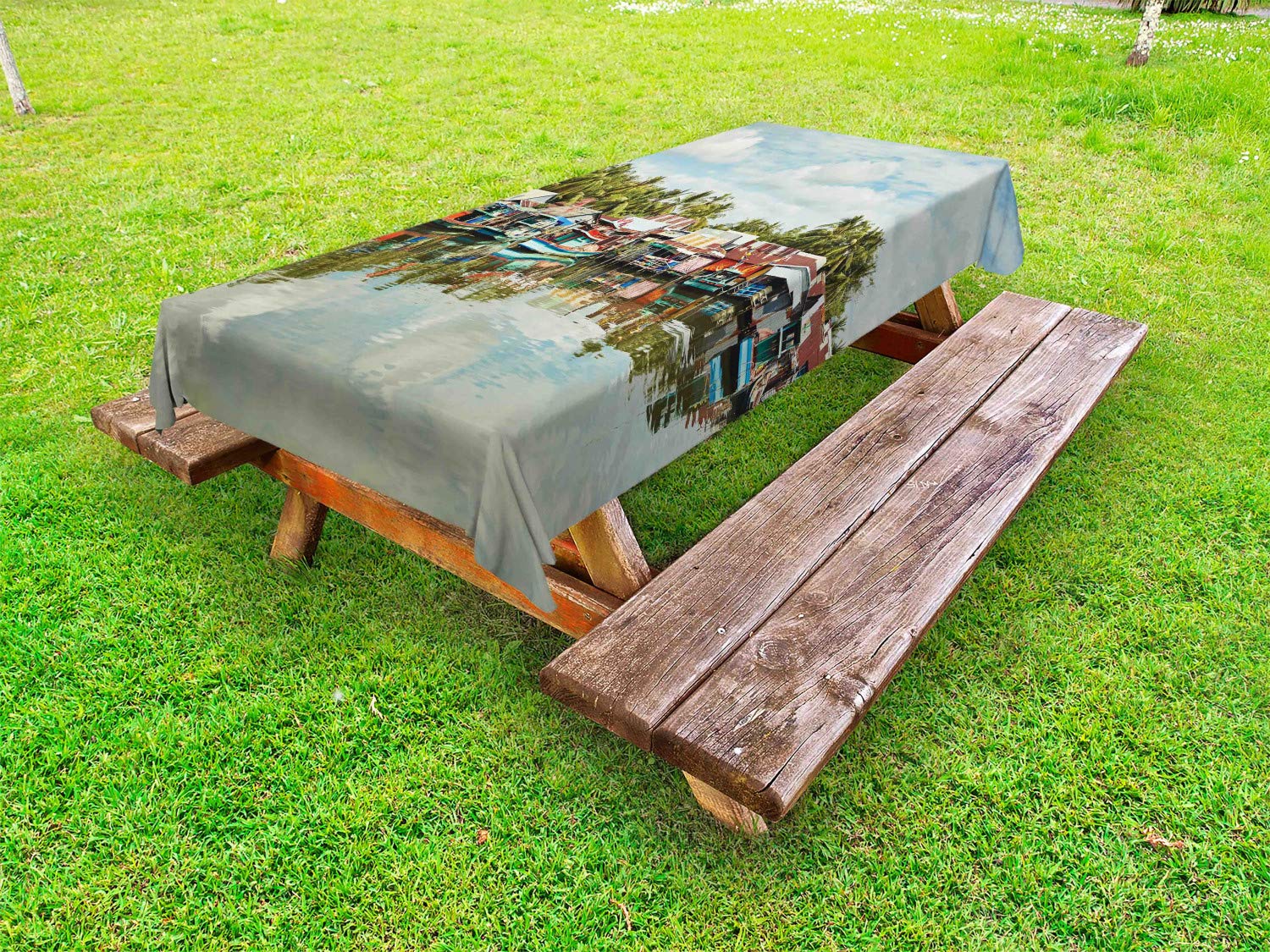 Lunarable Vietnam Outdoor Tablecloth - Fishing Boats in Port Pho Quoc Island with Palm Trees & Exotic Seaside Scenery - Washable Decorative Picnic Table Cover 58x84 Inches Multicolor - Perfect for Beach Parties, BBQs, and Outdoor Dining
