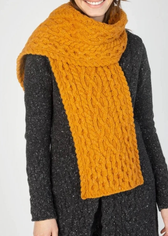 Ireland's Eye Aran Luxe Scarf - Premium Wool Knit Wrap in Mustard Yellow | Warm Winter Accessory for Women, Perfect for Cold Weather, Outdoor Activities & Fashion Styling