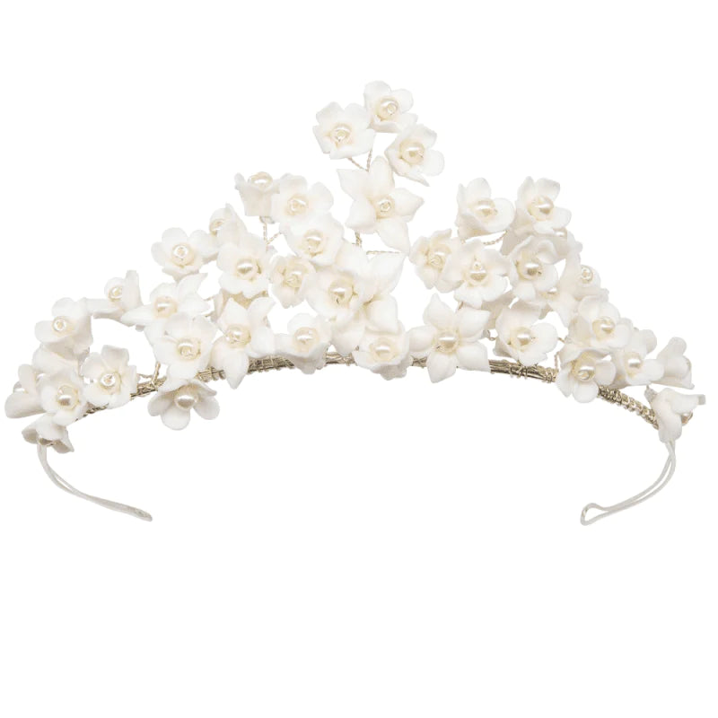 Ivory Ceramic Floral Wedding Tiara with Delicate Flowers - Perfect for Brides, Bridesmaids, and Special Occasions