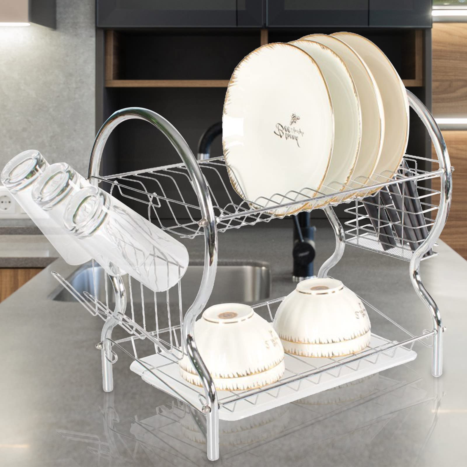 2-Layer Roll-Up Sink Drying Rack - 38cm Dish Drainer & Organizer for Kitchen Countertops - Space-Saving Dual Layer Dish Drying Rack for Plates, Cups & Utensils - Perfect for Small Kitchens & Apartments