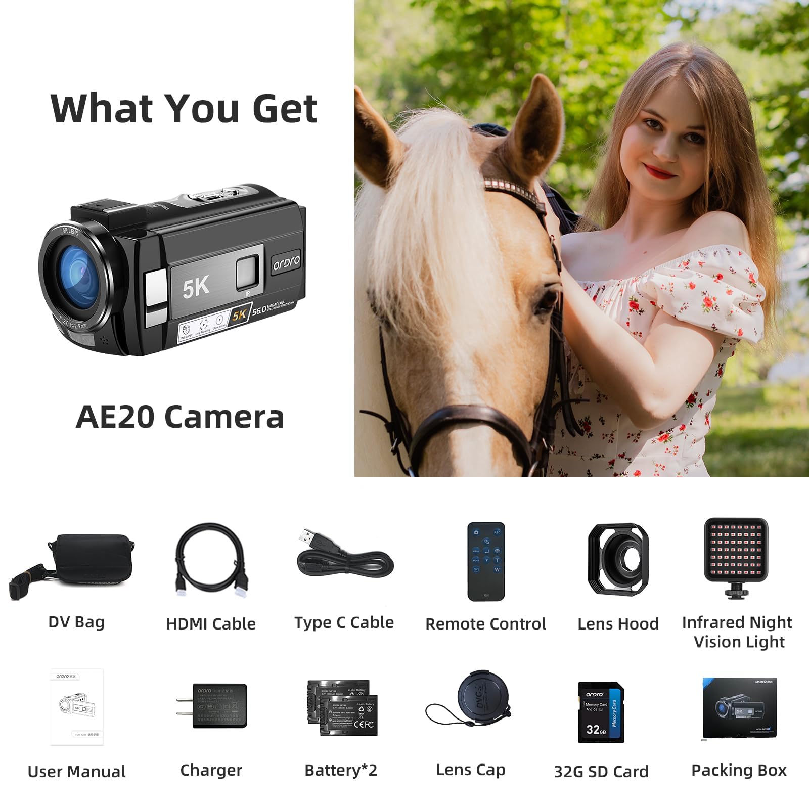 ORDRO AE20 5K Video Camera Camcorder - 95° Wide Angle, WDR Mode, EIS Stabilization, 1080P Full HD IR Night Vision - YouTube Vlogging Camera with Remote & 2 Batteries - Perfect for Travel Vlogging, Home Movies, and Outdoor Adventures