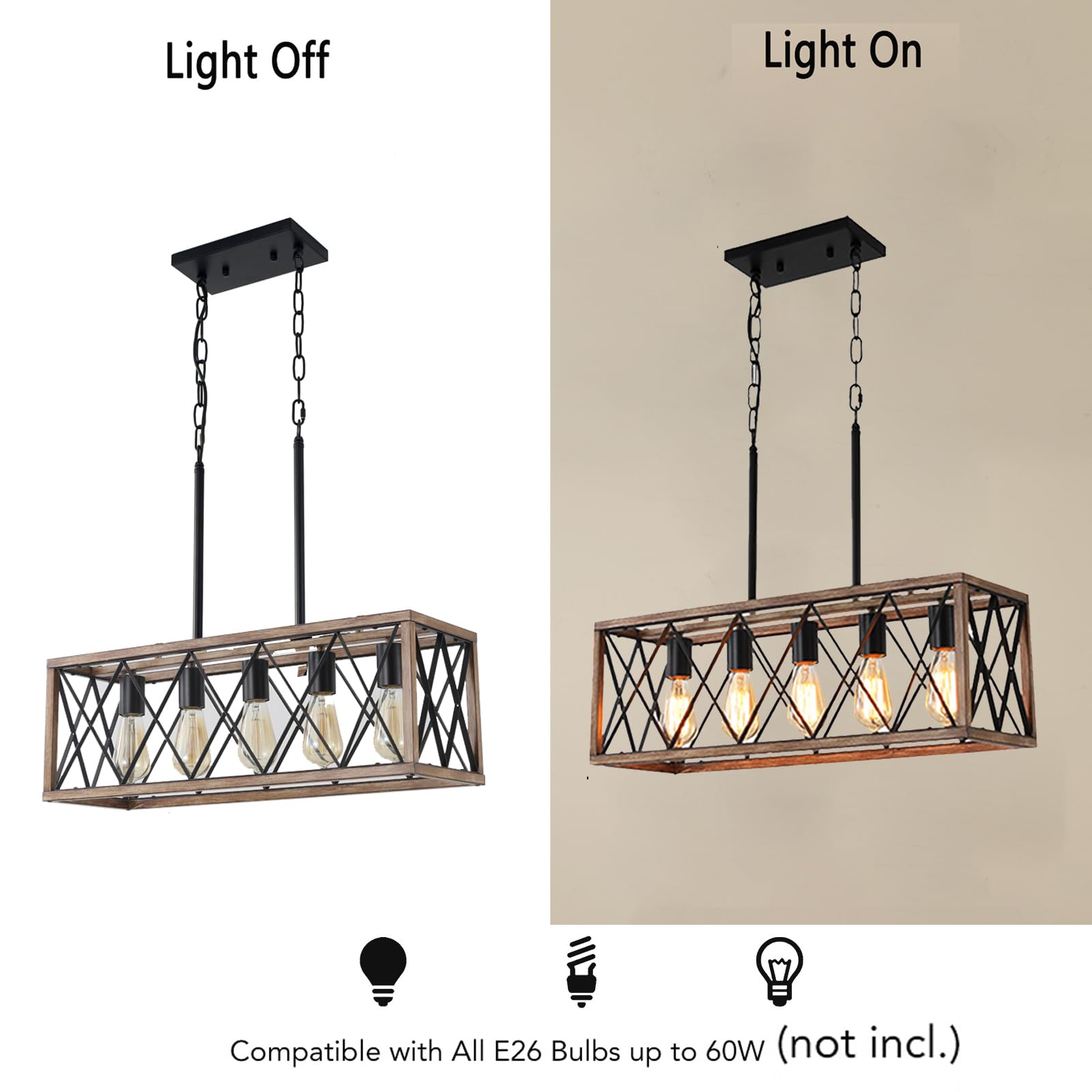 Farmhouse 5-Light Adjustable Height Dining Room Chandelier - Industrial Metal Kitchen Pendant Lighting for Island, Table & Sink - Wood Grain Finish - Perfect for Rustic Kitchens, Dining Areas & Farmhouse Decor