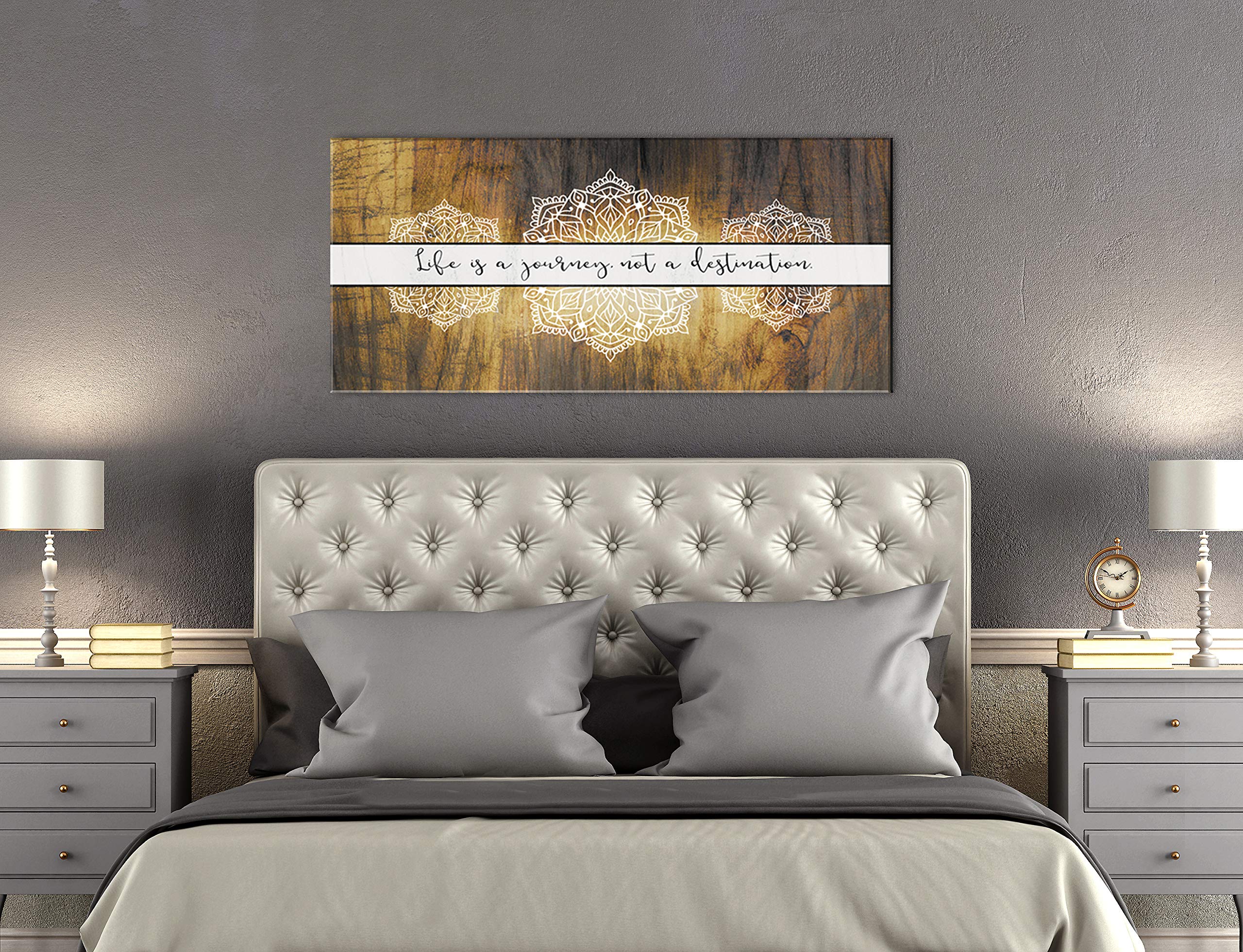 Boho Life Is A Journey Sign - Large Canvas Wall Art with Bohemian Floral Pattern | Modern Home Decor for Bedroom | Framed Yellow Gold Poster (42x19) - Perfect for Bohemian Style Living Room, Bedroom or Office Decor