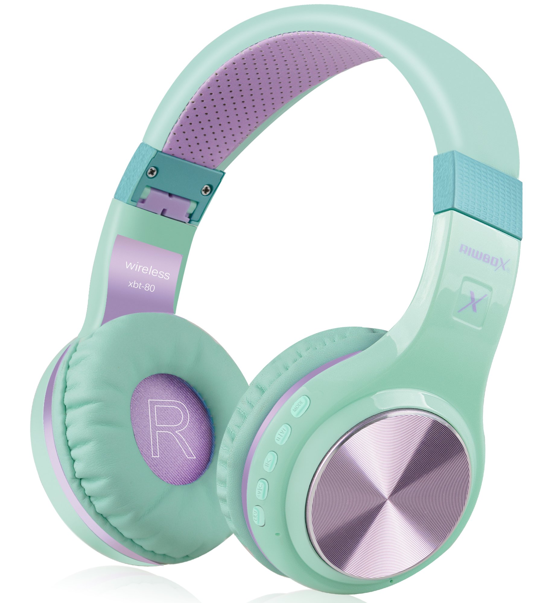 Riwbox XBT-80 Wireless Bluetooth Headphones Over Ear with Microphone, Foldable Stereo Headset with Volume Control for PC/Phone/TV/Gym, Purple Green - Perfect for Workouts, Travel & Home Entertainment
