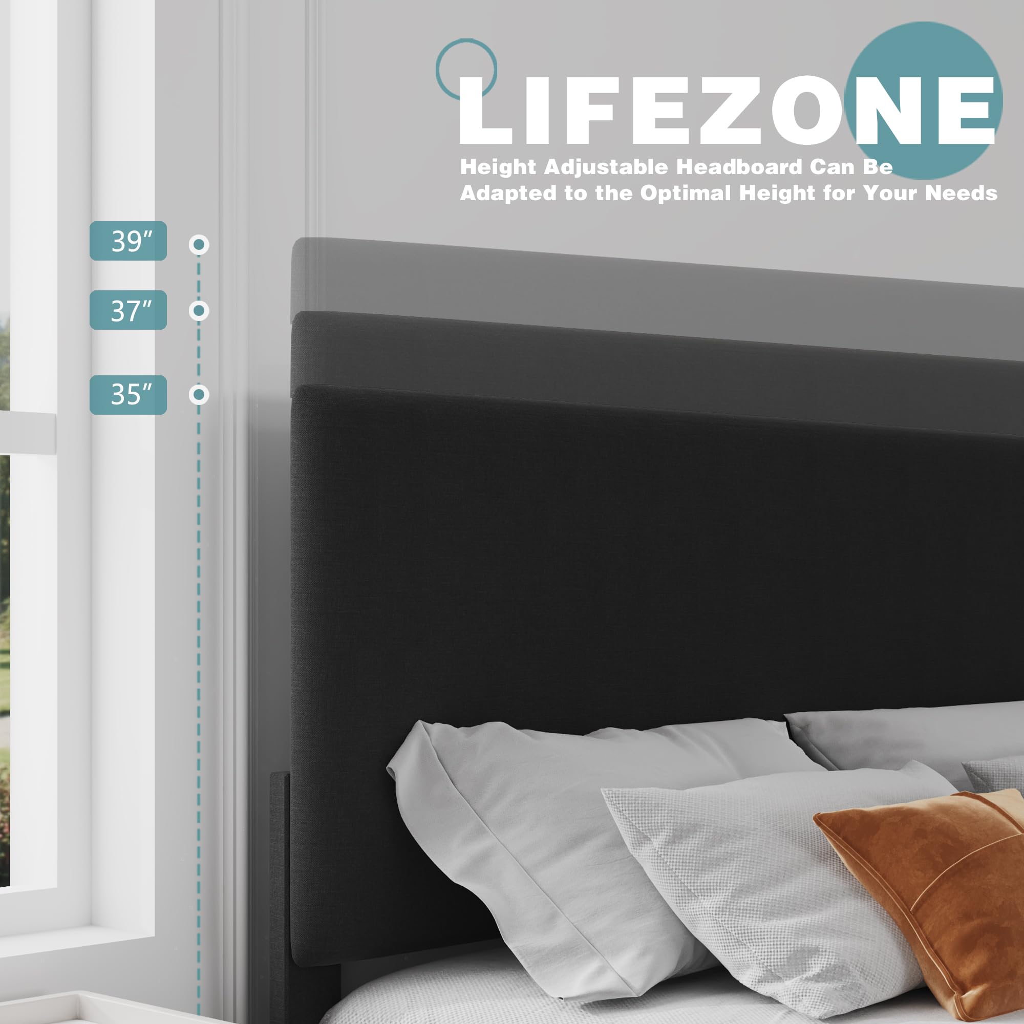 **Lifezone Queen Bed Frame with Upholstered Headboard - Dark Grey Wooden Slat Support, Heavy Duty Metal Feet, No Box Spring Needed - Easy Assembly for Bedroom, Guest Room, or Dorm**
