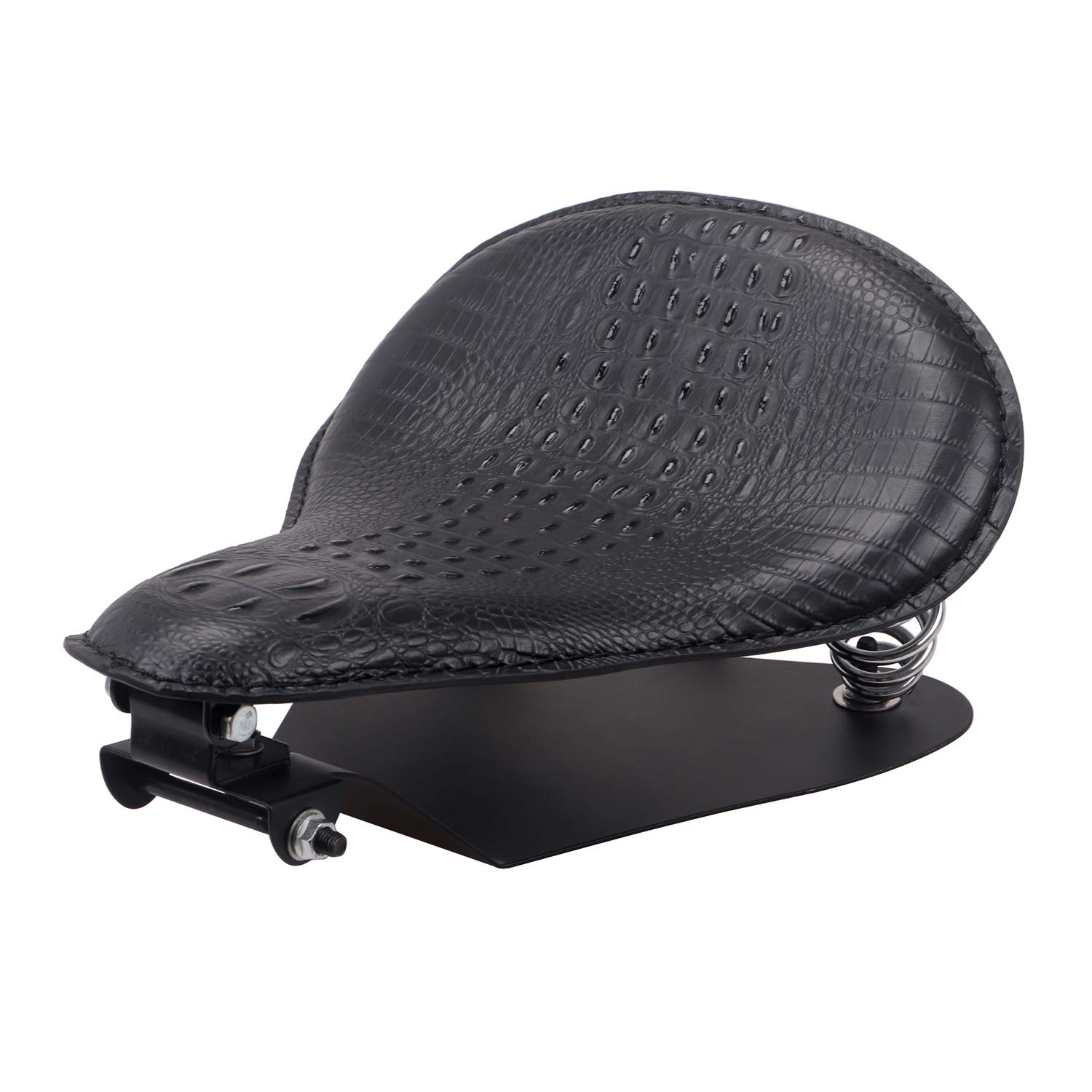Black Crocodile Leather Motorcycle Bobber Solo Slim Seat with Large Spring Base Plate Bracket Kit - Compatible with Harley Sportster XL 883, 1200, 48 Chopper Custom - Perfect for Cafe Racer Builds and Custom Bike Projects