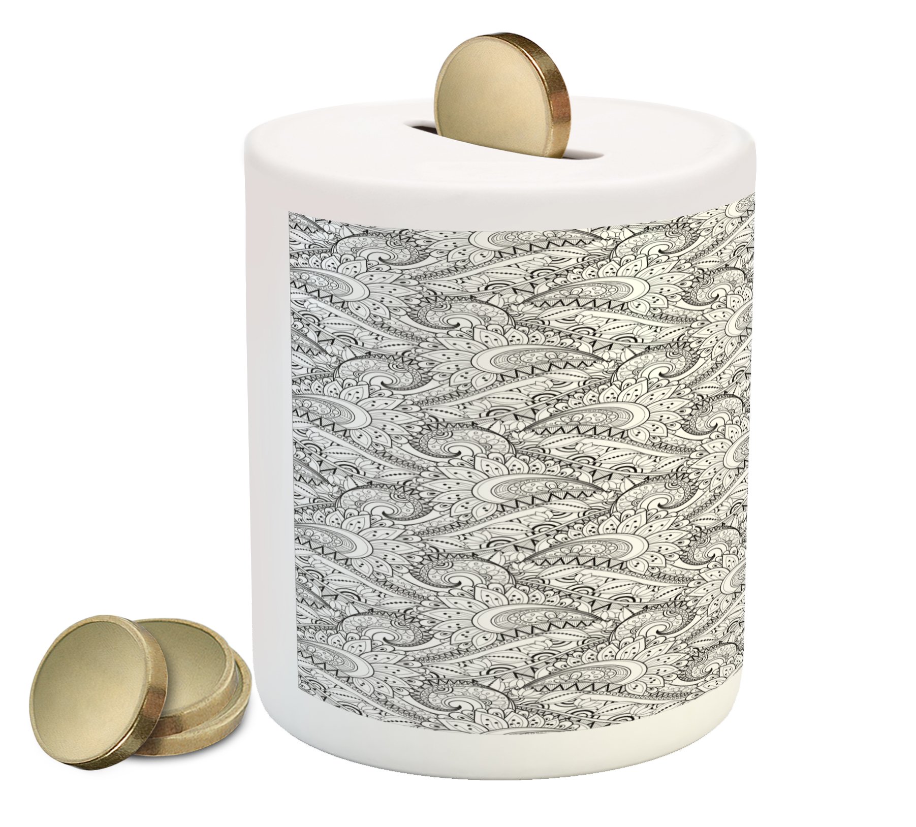 Ambesonne Ceramic Piggy Bank - Paisley Floral Design in Black and White, Sea Waves Shape Coin Bank for Cash Saving | Perfect Gift for Kids, Home Decor, and Office Accessories