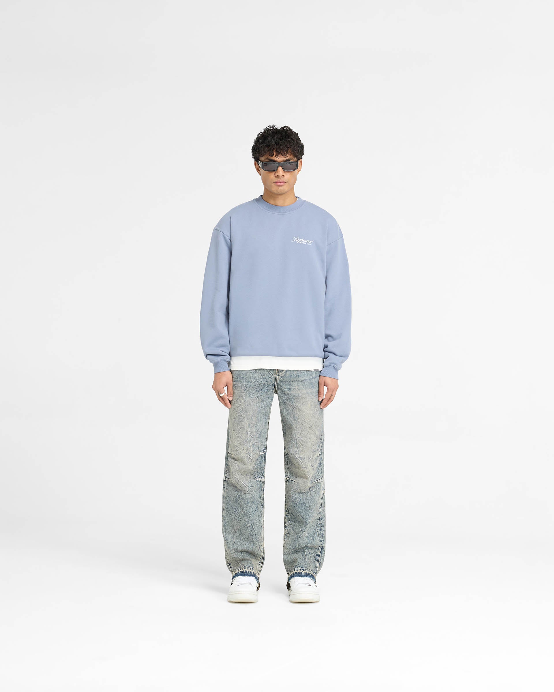 Represent Owners Club Script Sweater - Dusty Blue | Trendy Oversized Knit Pullover | Perfect for Streetwear & Casual Outfits