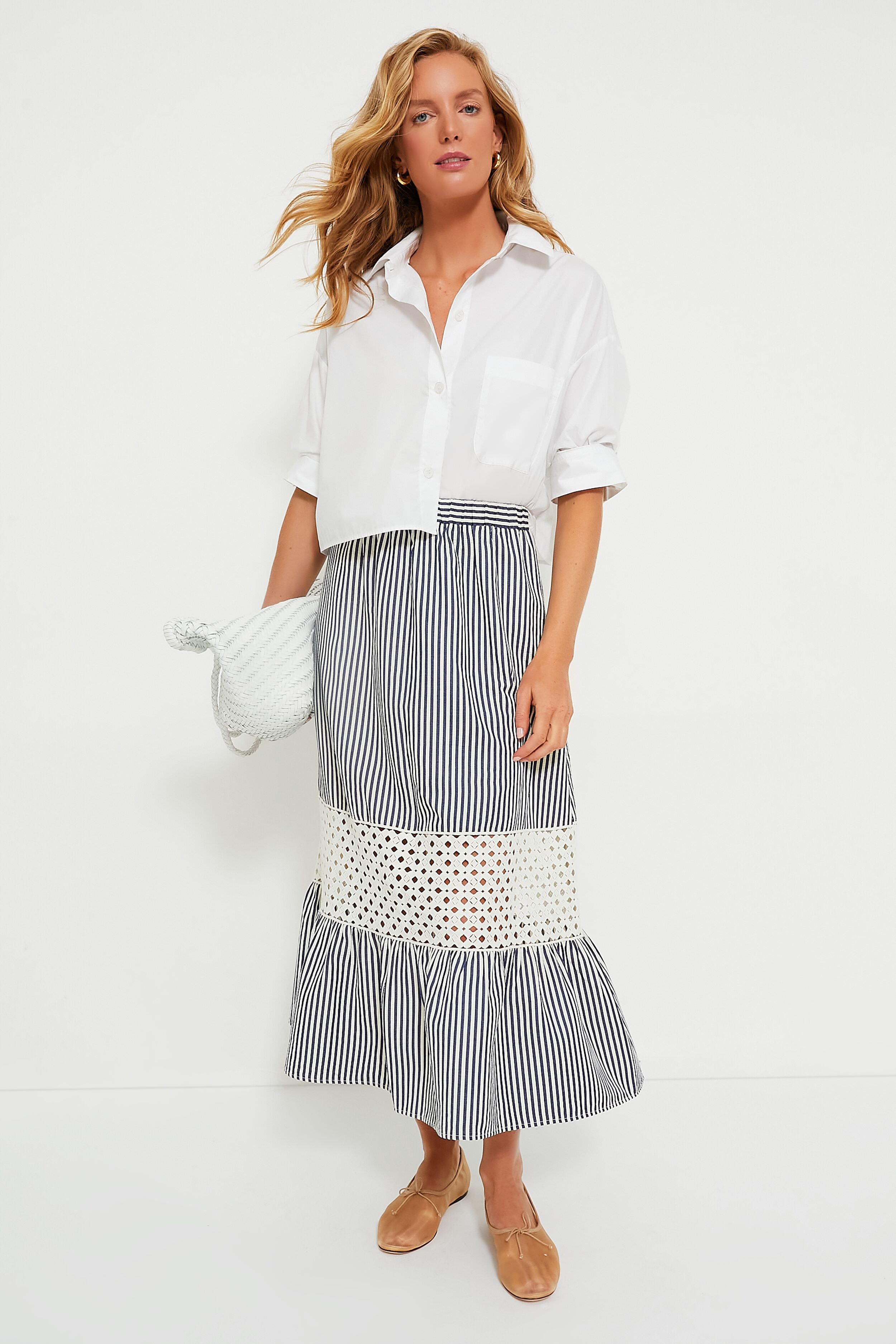 Blue Stripe Eyelet Hana Skirt - Floral Lace Summer Dress for Women | Perfect for Beach Vacations, Garden Parties & Boho Fashion