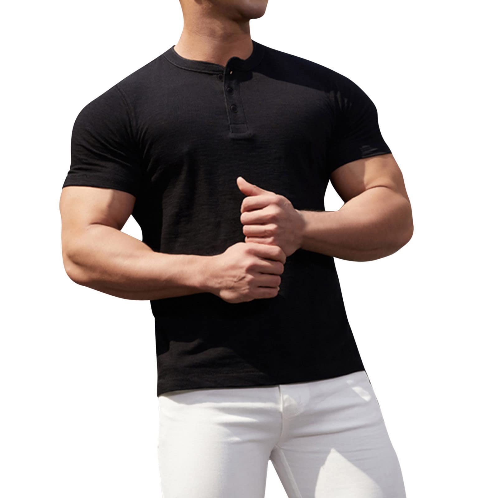 BEUU Men's Henley Shirts - 2023 Summer Short Sleeve Button Up T-Shirt, Slim Fit Casual Tee for Gym, Work & Outdoor Activities | Breathable Cotton Muscle Fit Top for Hiking, Dating & Daily Wear