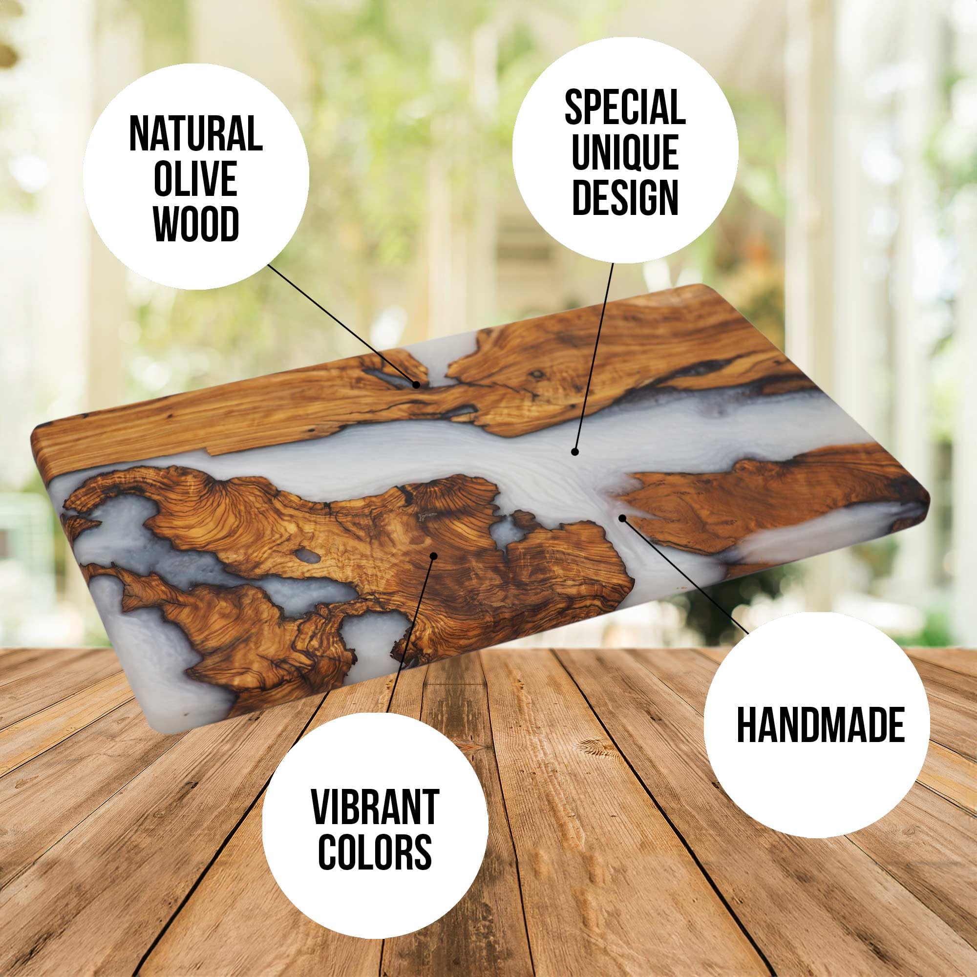 Handmade Olive Wood Charcuterie Board with White Resin - Decorative Cheese, Fruit & Meat Serving Tray - Perfect for Kitchen, Entertaining & Unique Housewarming Gifts - Great for Dinner Parties, Wine Tasting & Charcuterie Platters