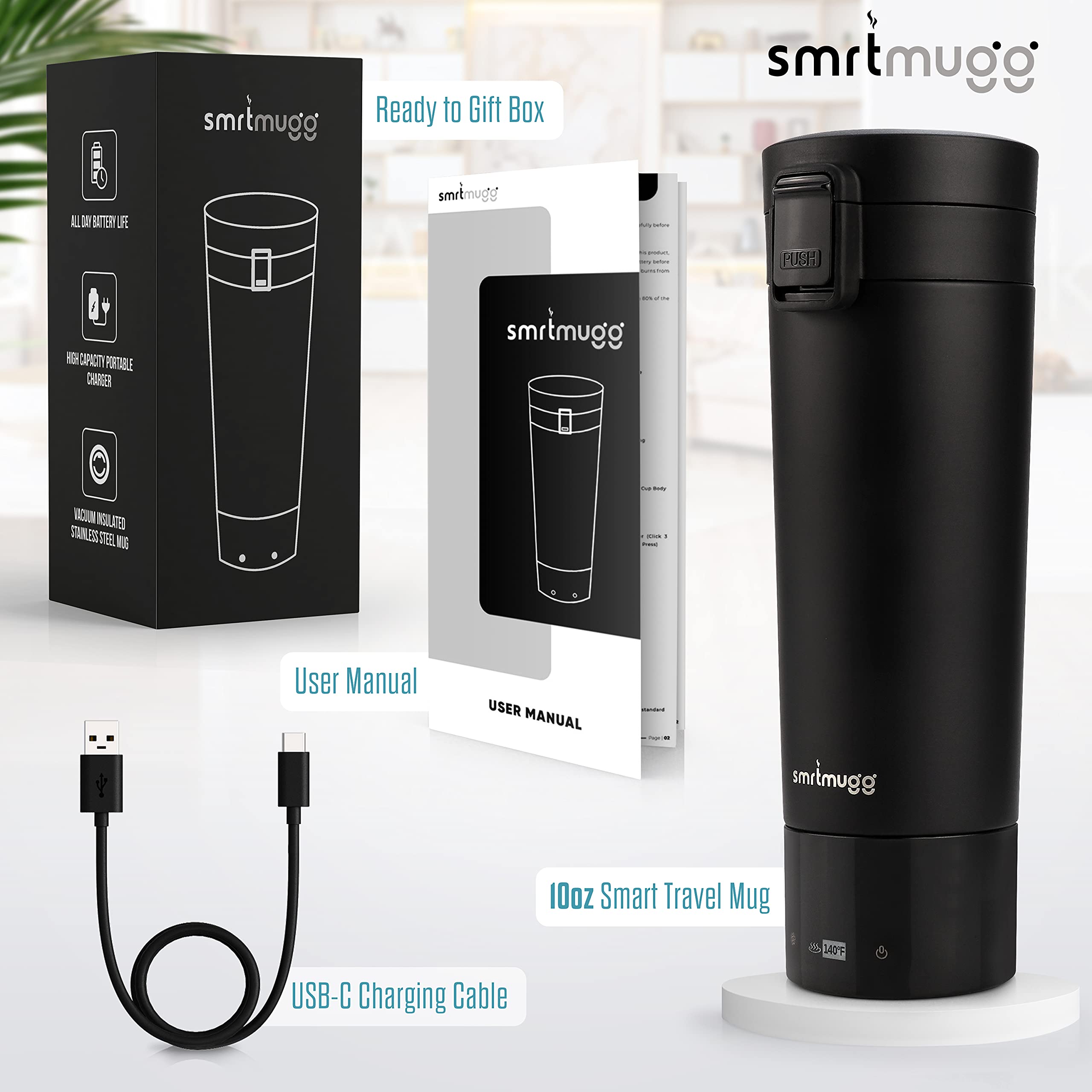 10 oz. Black Heated Coffee Mug with All-Day Battery Life - Fast Heating Travel Mug for Coffee & Tea - USB Rechargeable Smart Mug - Perfect for Office, Commuting & Outdoor Use