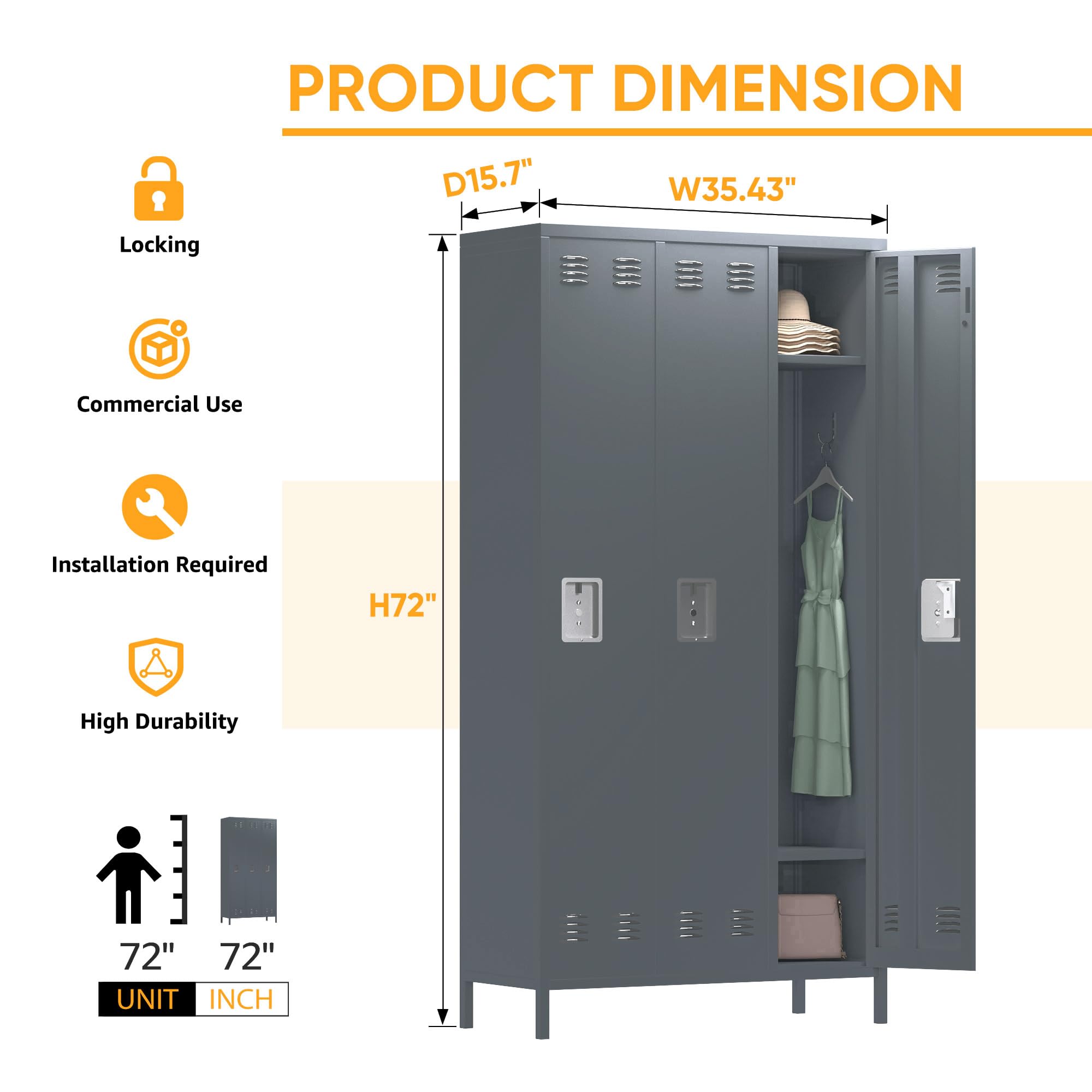 3-Door Metal Lockers for Employees - Heavy Duty Steel Storage with 9 Hooks - Perfect for Offices, Schools, Gyms & Home Use - Easy Assembly Required - Dark Gray Finish - Ideal for Secure Personal Belongings Storage