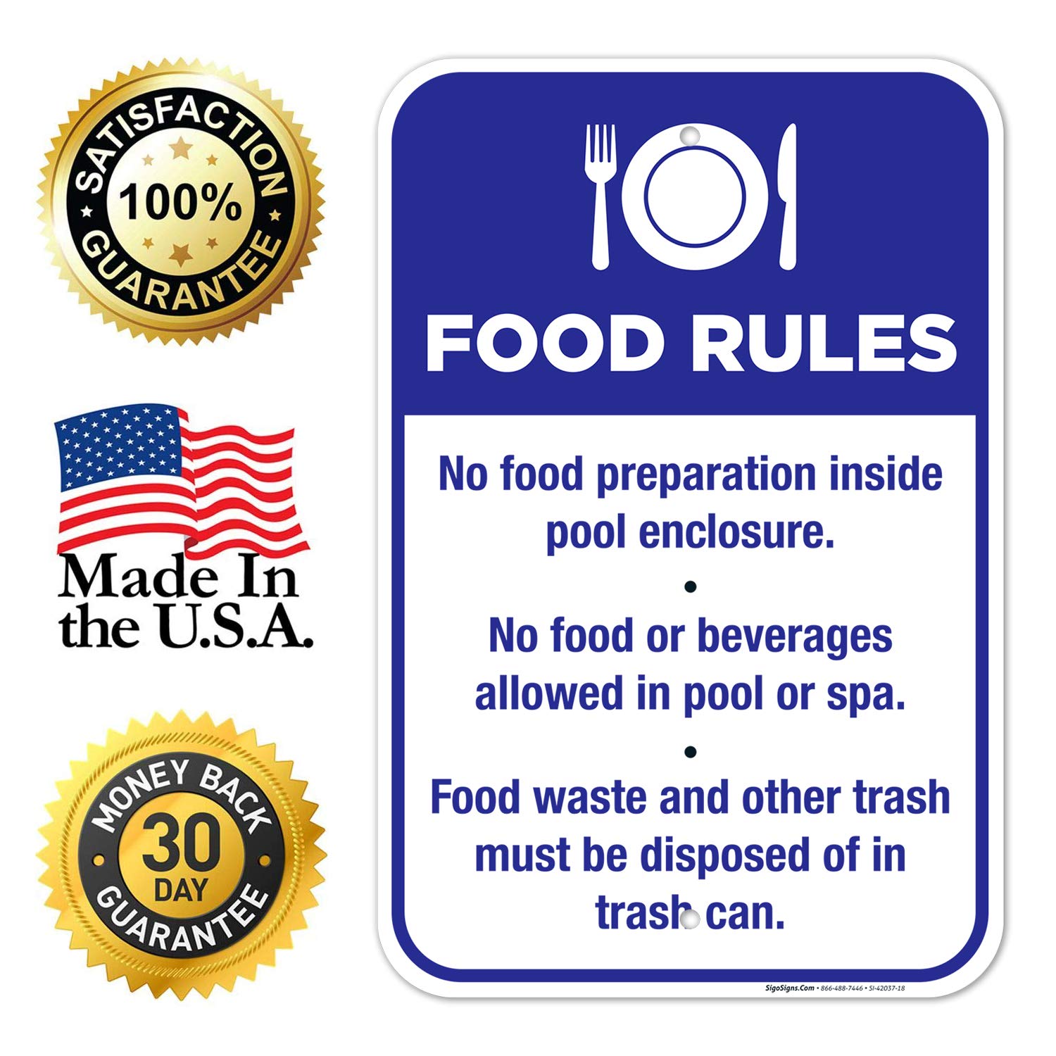 Pool Food Rules Sign - No Food Preparation Inside Pool Enclosure - 12x18 Inch Rust-Free Aluminum Sign, Fade Resistant, Made in USA - Perfect for Public Pools, Water Parks & Backyard Swimming Areas