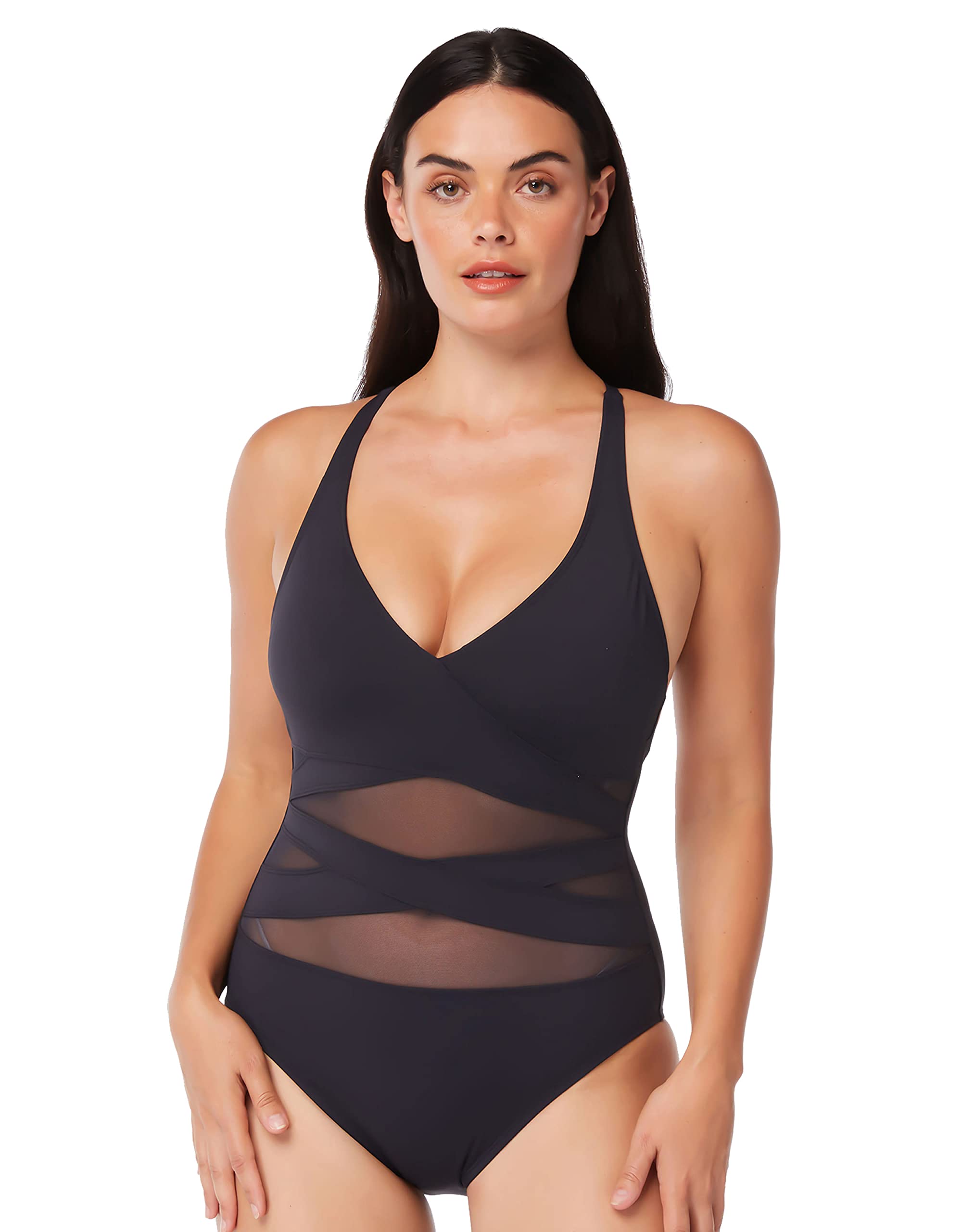 Bleu Rod Beattie Women's DM22754 V-Neck Mesh One Piece Swimsuit - Black, Sizes 6,8,14 | Sexy Swimwear for Beach, Pool & Vacation | Perfect for Summer, Swim Parties & Tropical Getaways