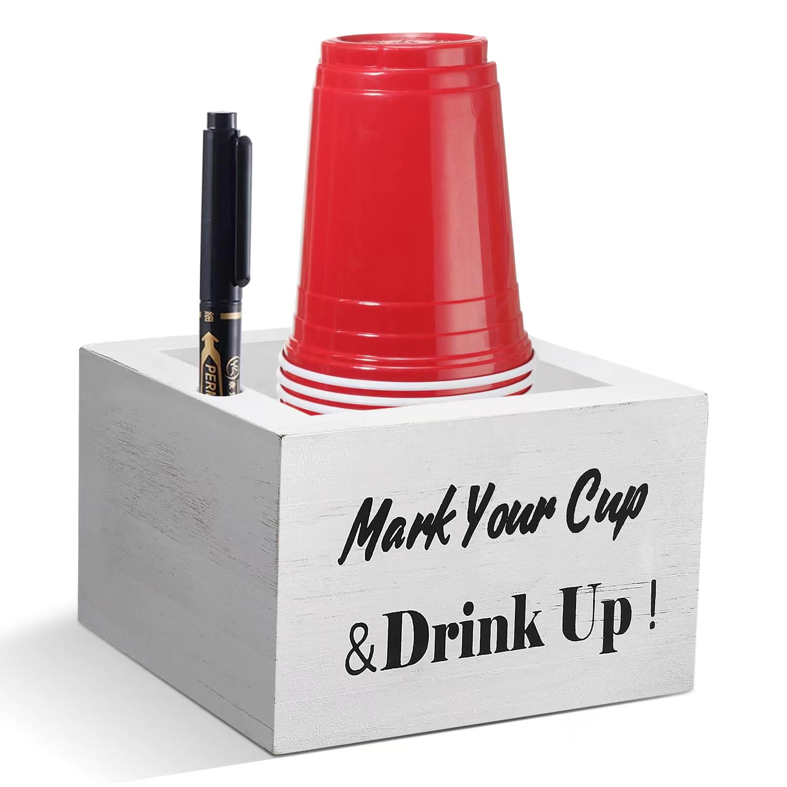 Rustic Wooden Cup Holder with Marker Slot - Disposable Party & Wedding Cup Holder for Bar, Kitchen, Countertop, Home & Office - Perfect for Events, Gatherings, and Daily Use (White)