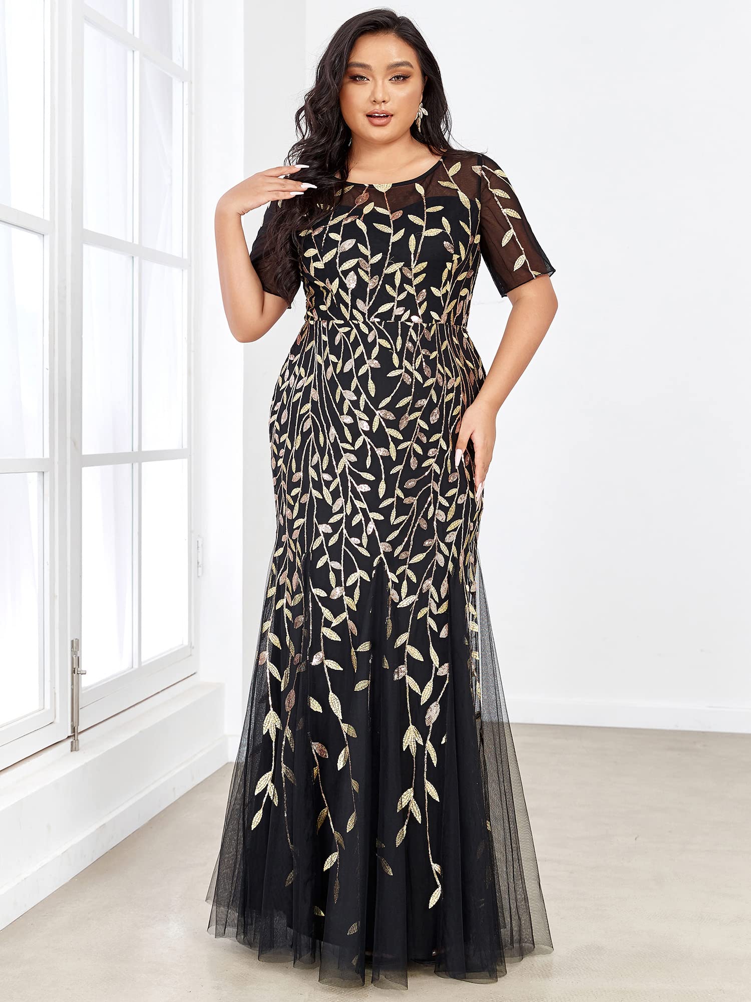 Ever-Pretty Women's Plus Size Embroidery Sequin Short Sleeve Bodycon Maxi Dress for Formal Occasions - Wedding Guest, Cocktail Party, Evening Gala (Style 07707-PZUSA)